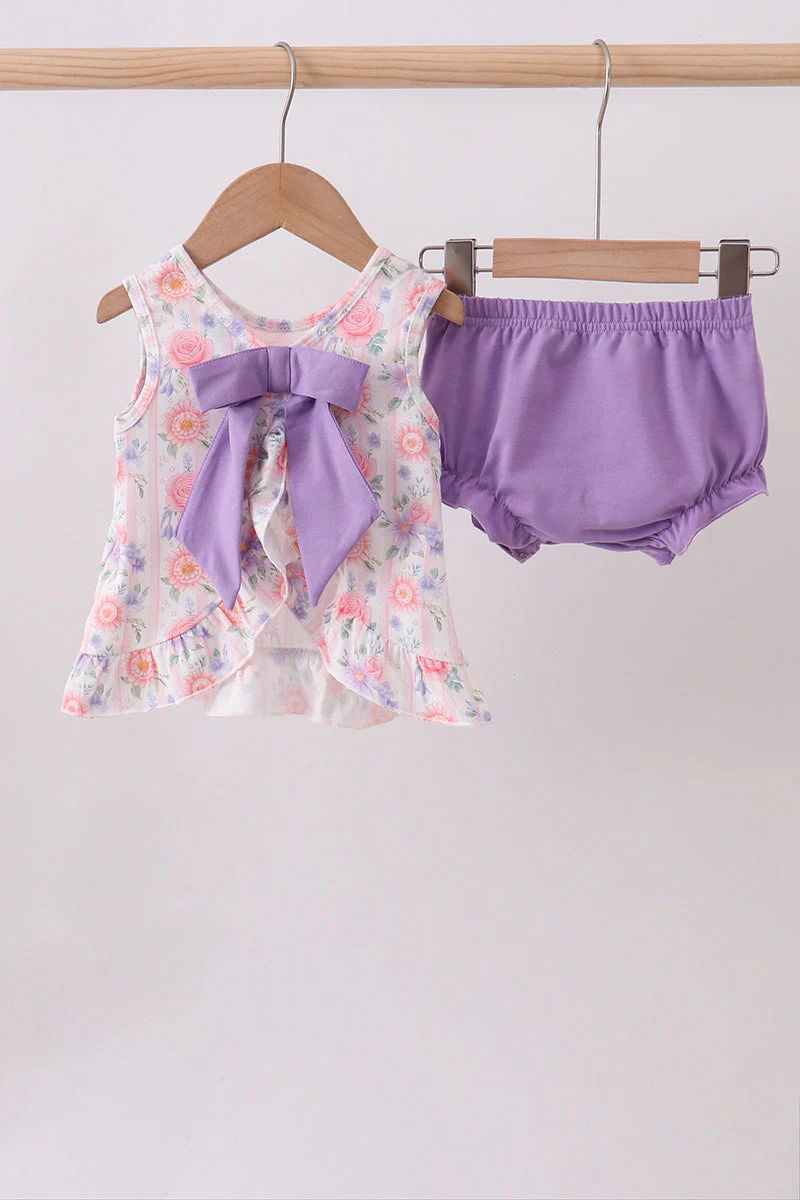 Purple rose bow smocked ruffle bloomer set - Image 5