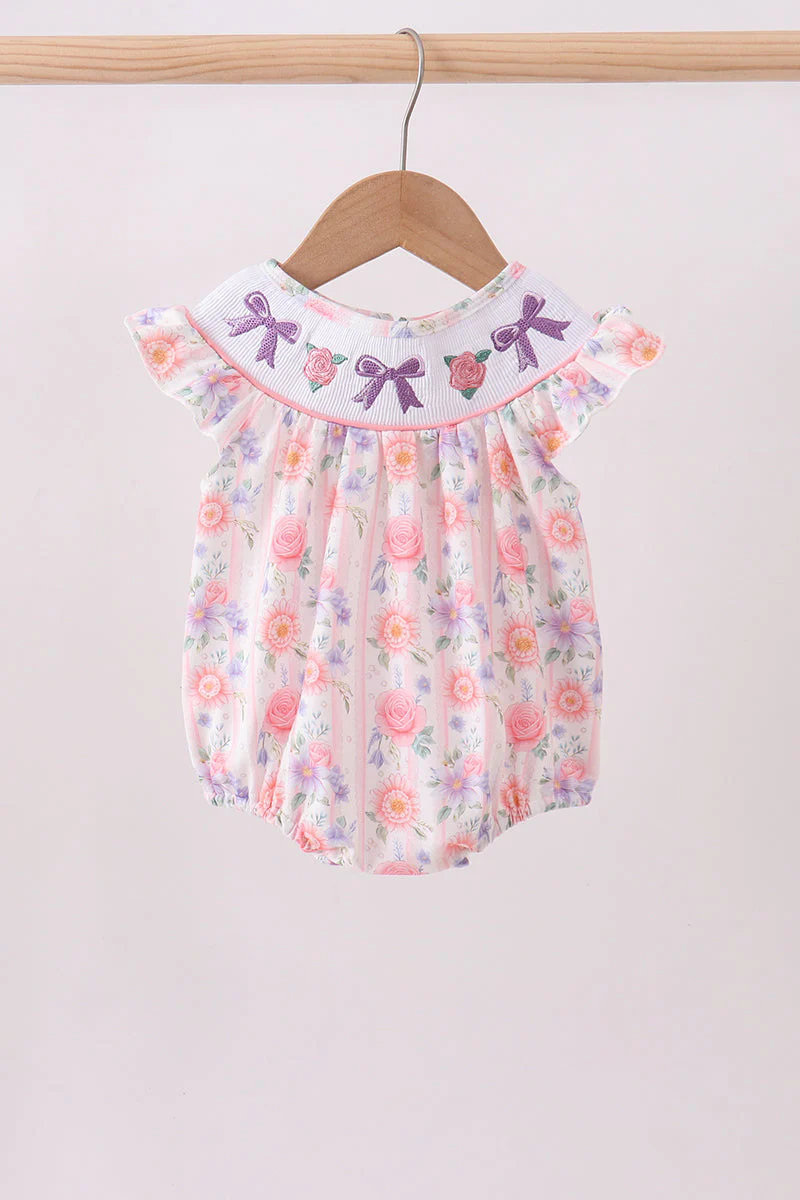 Purple rose bow smocked ruffle bubble