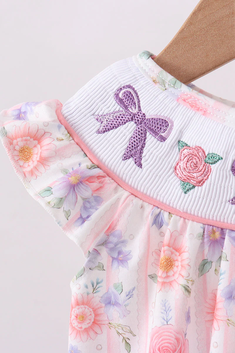 Purple rose bow smocked ruffle bubble - Image 2
