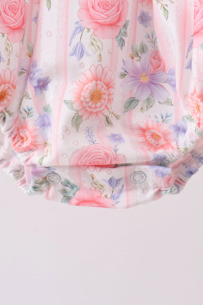 Purple rose bow smocked ruffle bubble - Image 3