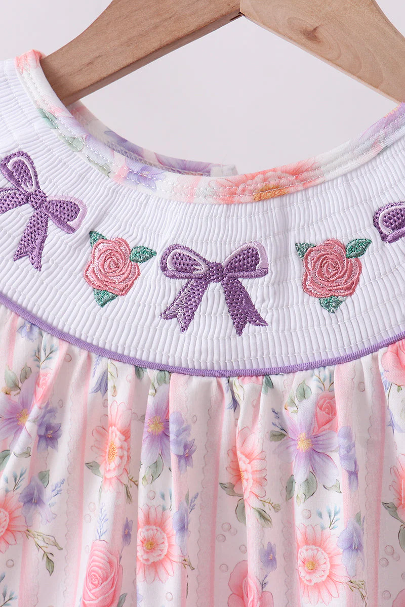 Purple rose bow smocked ruffle shorts set - Image 2