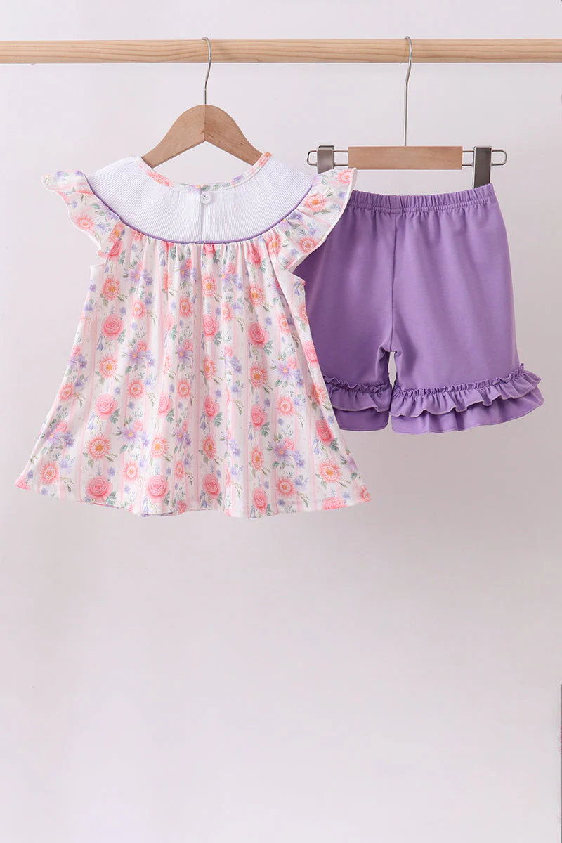 Purple rose bow smocked ruffle shorts set - Image 5