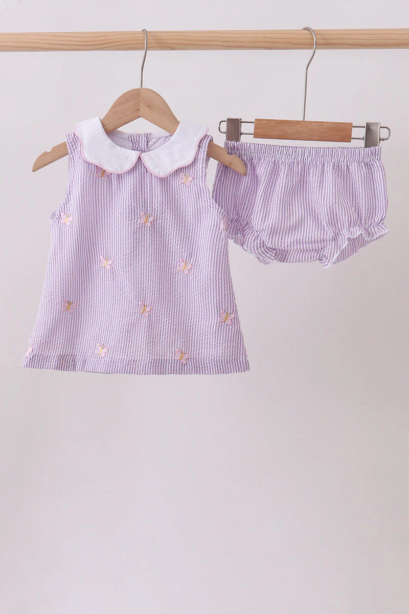 Purple seersucker butterfly embroidery bloomer set
