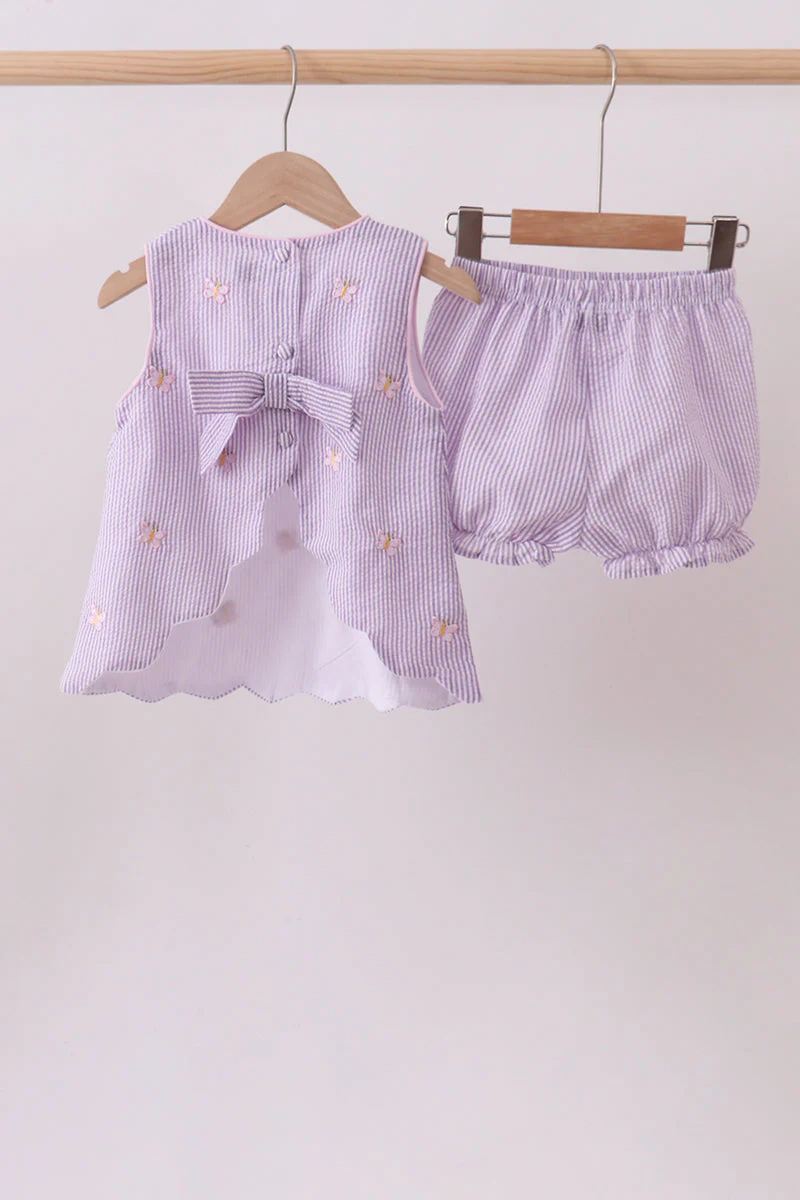 Purple seersucker butterfly embroidery shorts set - Image 4