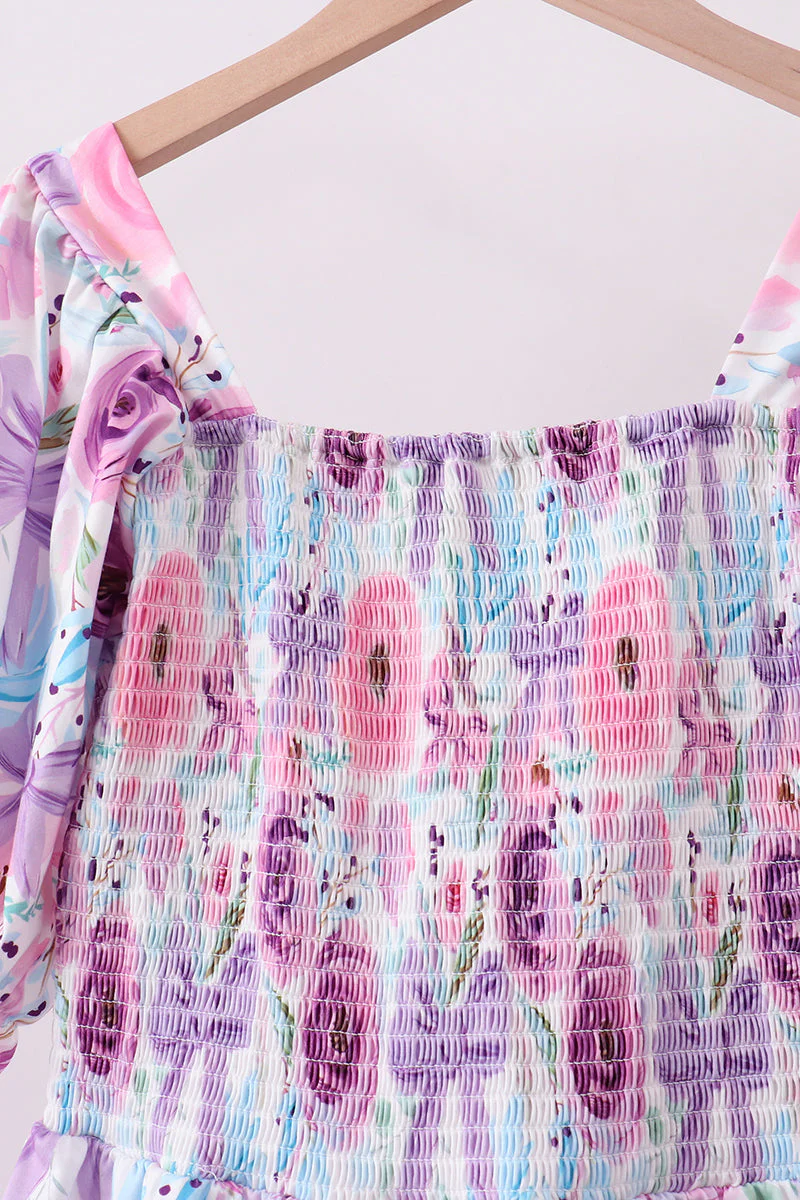 Purple smocked floral dress - Image 2