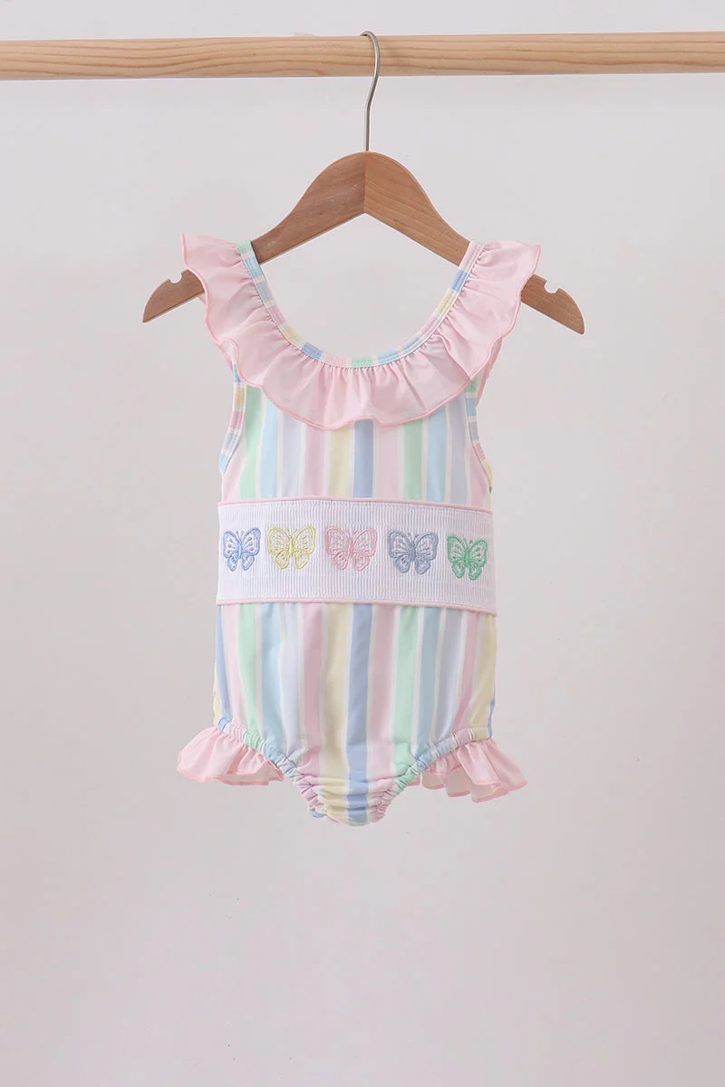 Rainbow stripe butterfly smocked ruffle one-piece swimsuit