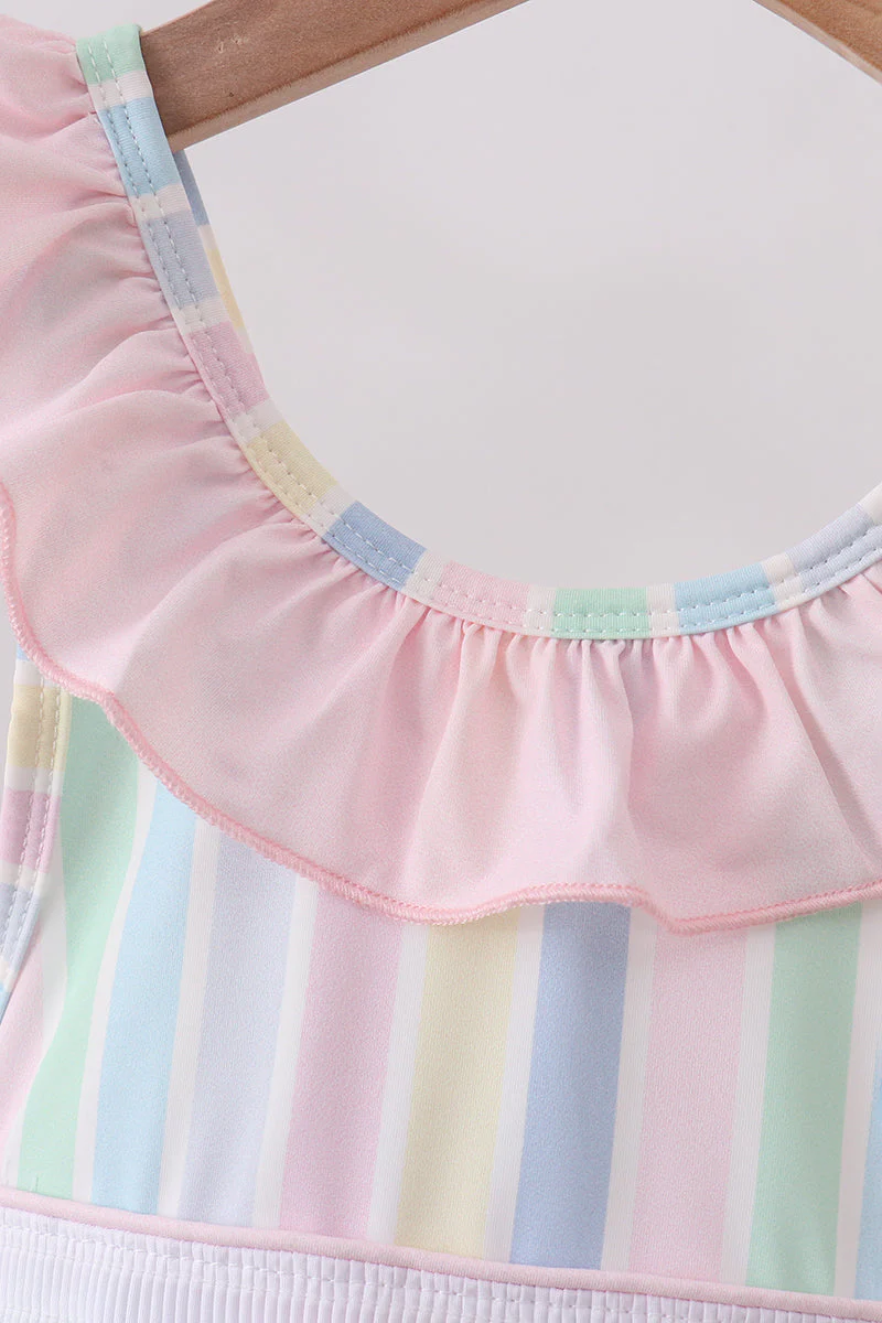 Rainbow stripe butterfly smocked ruffle one-piece swimsuit - Image 2