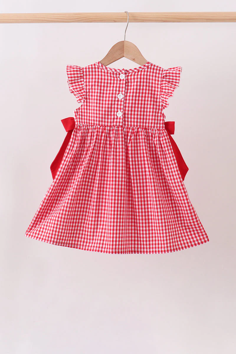 Red Apple Bow Smocked Gingham Dress - Image 4