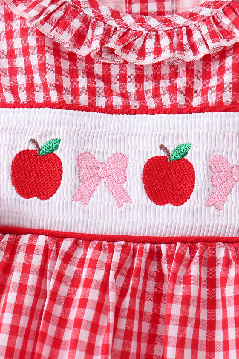 Red Apple Bow Smocked Gingham Dress - Image 5