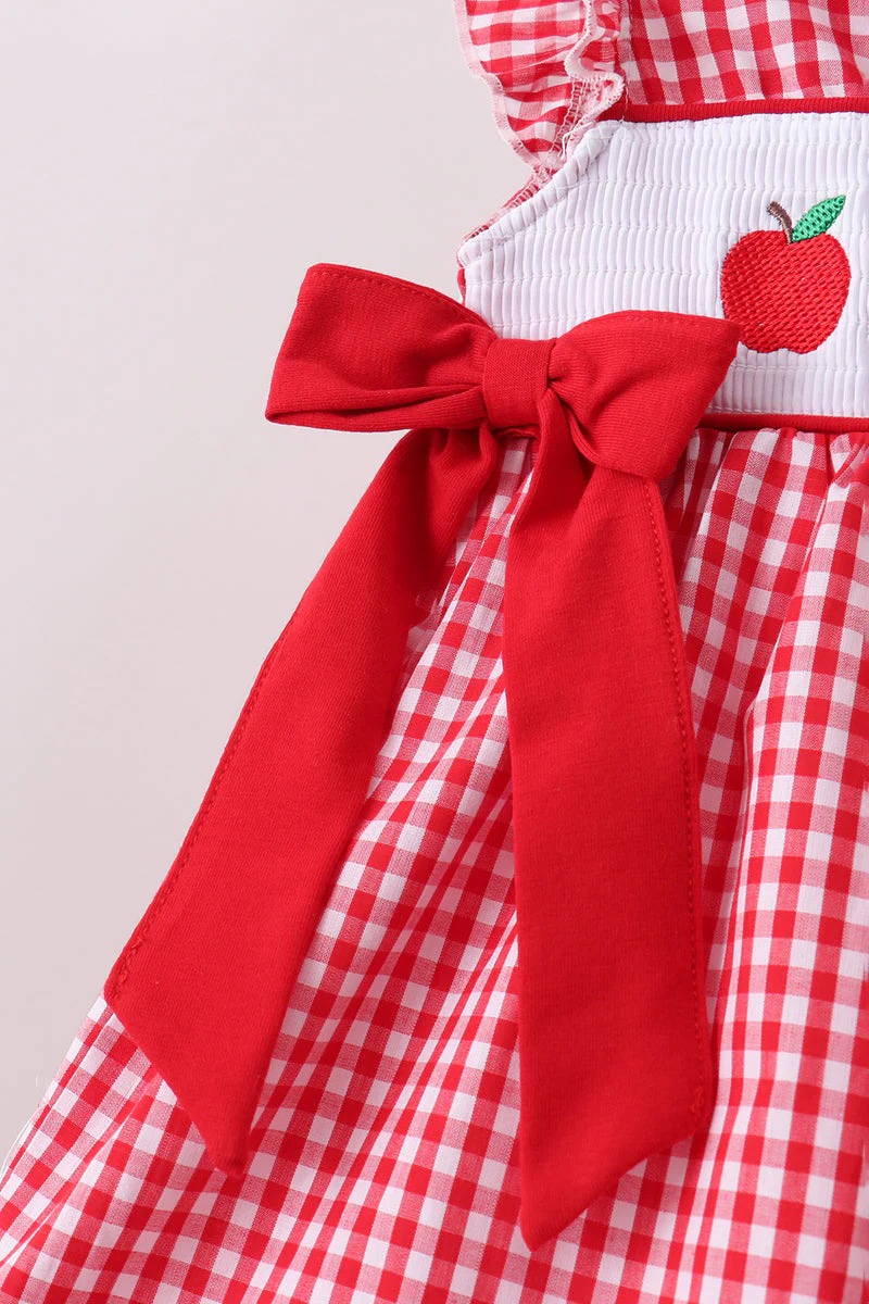 Red Apple Bow Smocked Gingham Ruffle Shorts Set - Image 3