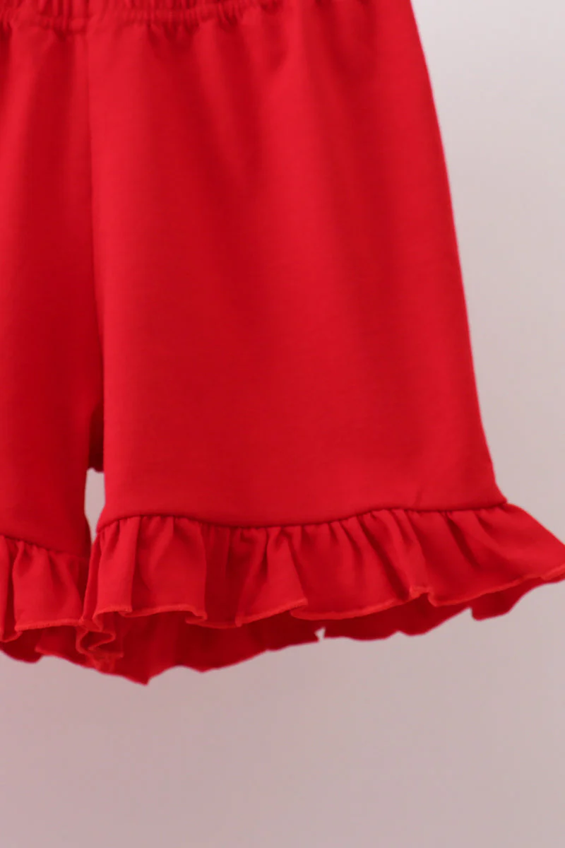 Red Apple Bow Smocked Gingham Ruffle Shorts Set - Image 4