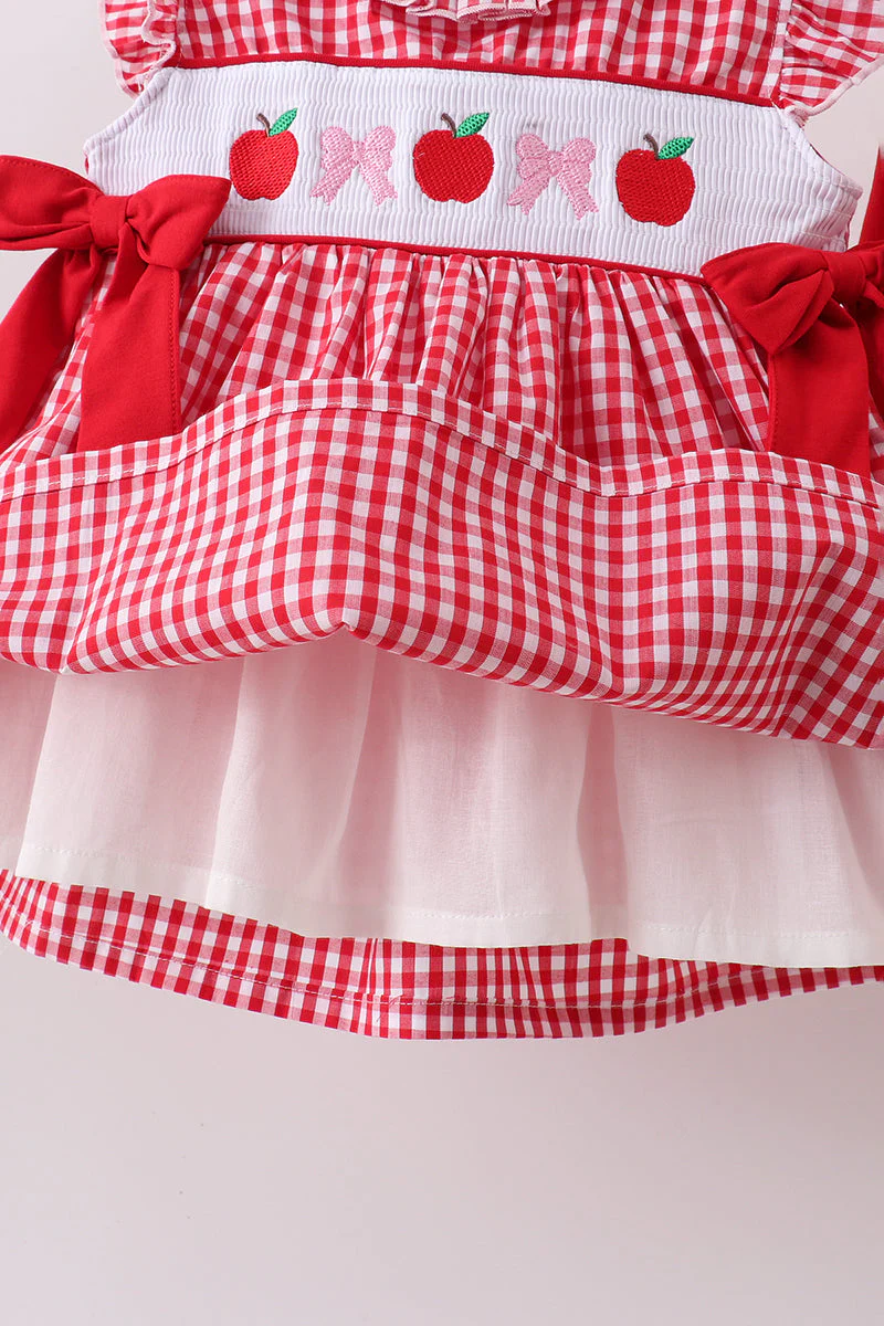 Red Apple Bow Smocked Gingham Ruffle Shorts Set - Image 5