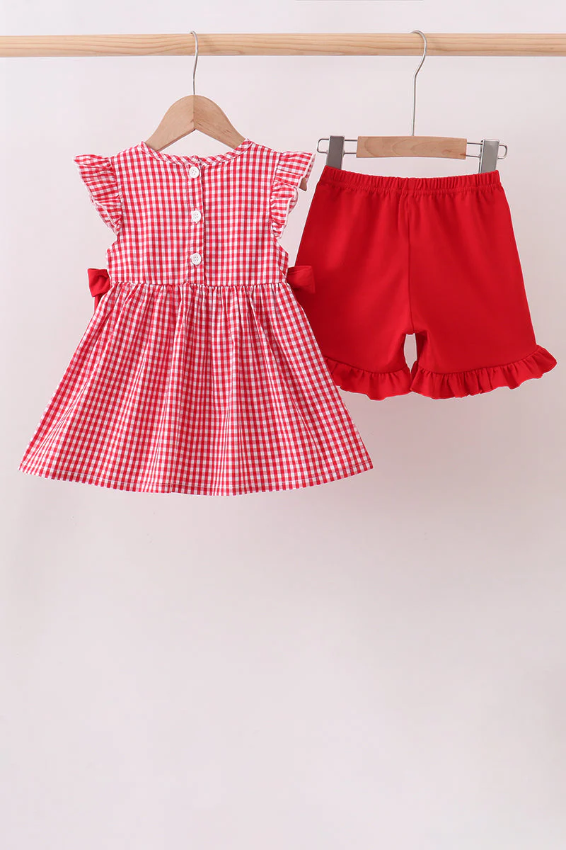Red Apple Bow Smocked Gingham Ruffle Shorts Set - Image 6