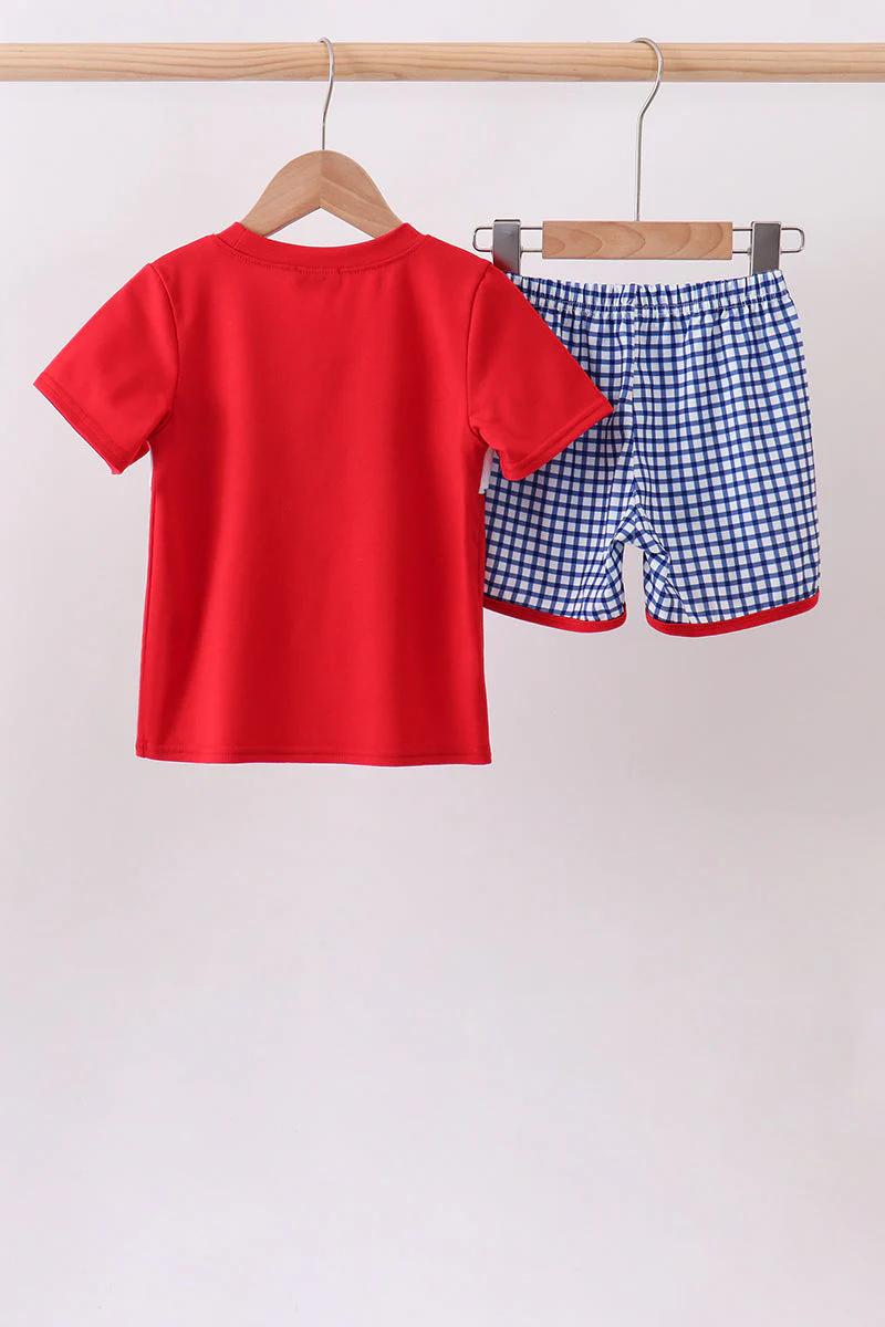 Red Apple Embroidered Gingham Shorts Set - Image 2