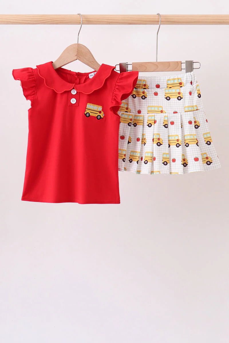 Red Bus Embroidered Skorts Set