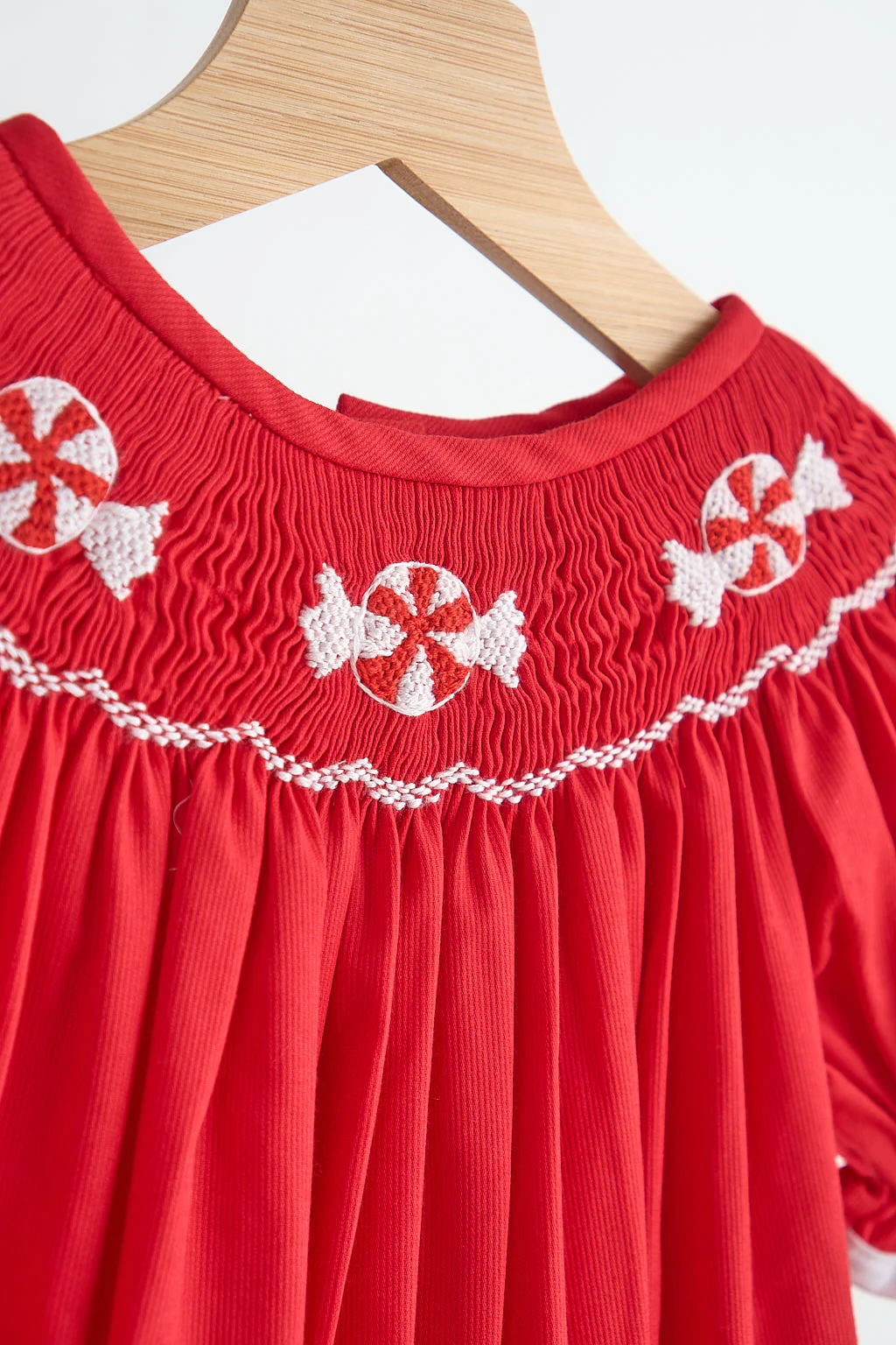 Red candy hand smocked girl romper - Image 2