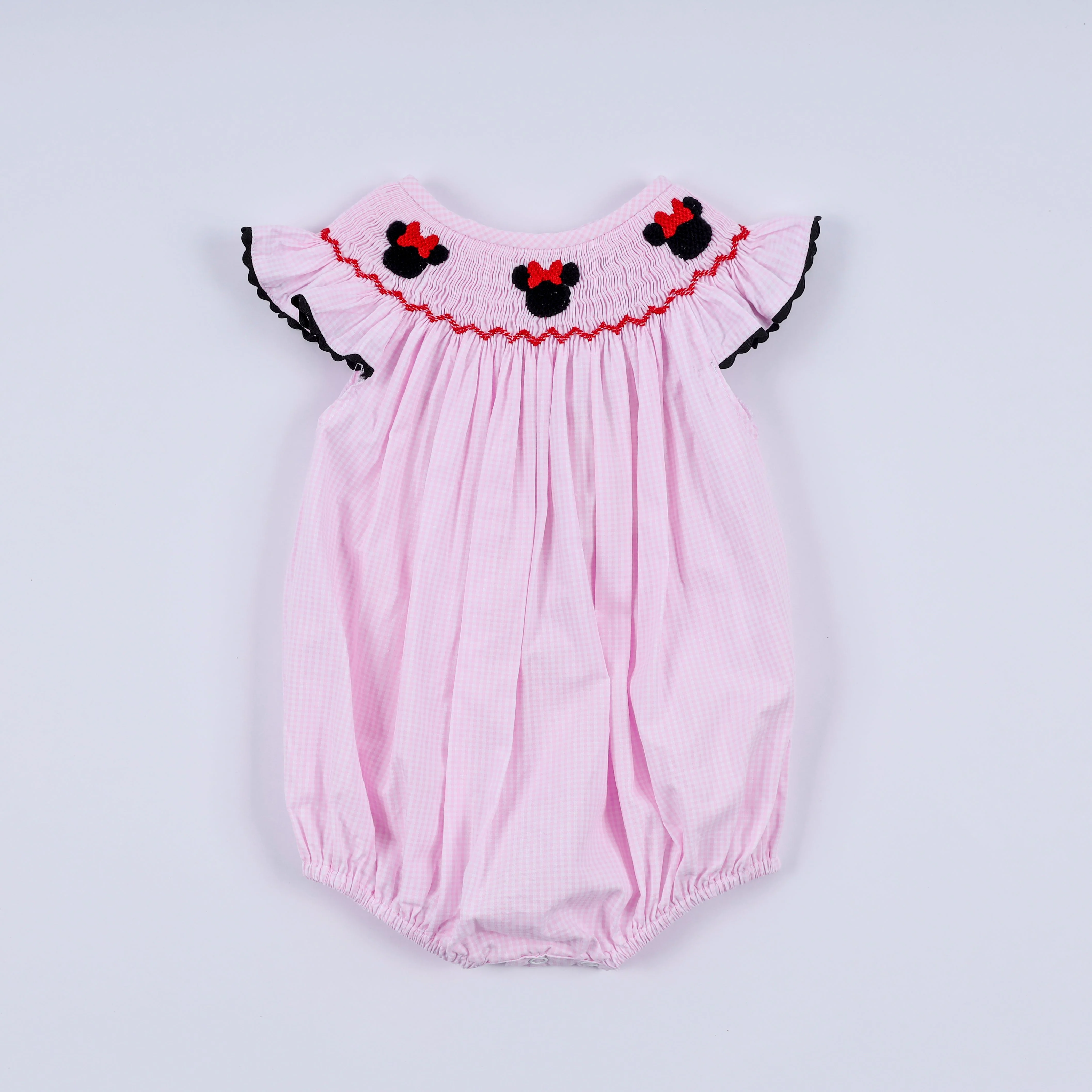 Red character hand smocked plaid ruffle bubble