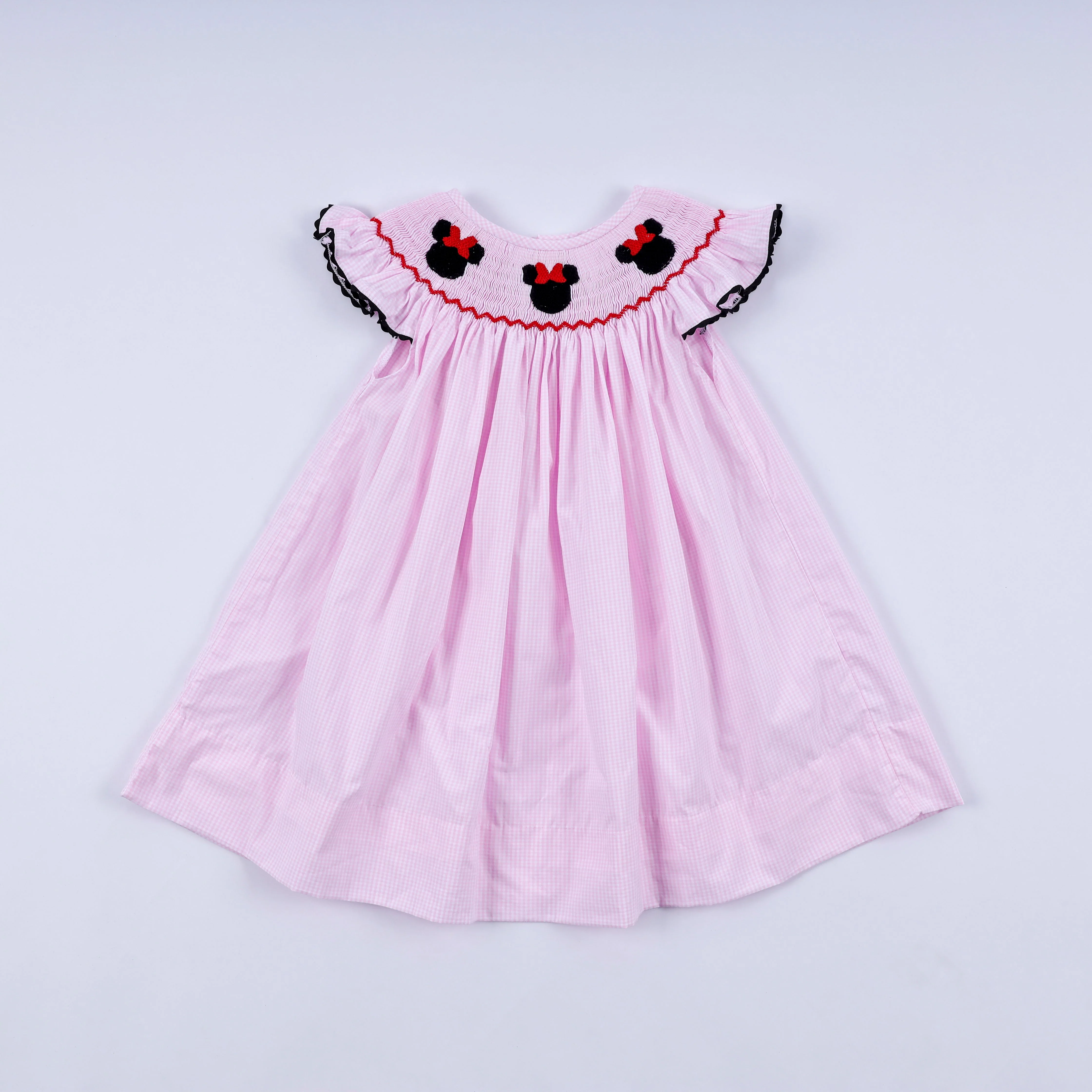 Red character hand smocked plaid ruffle dress