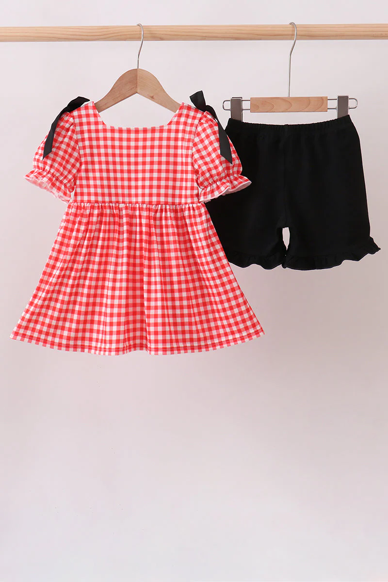 Red Character Plaid Embroidered Ruffle Short Set - Image 5