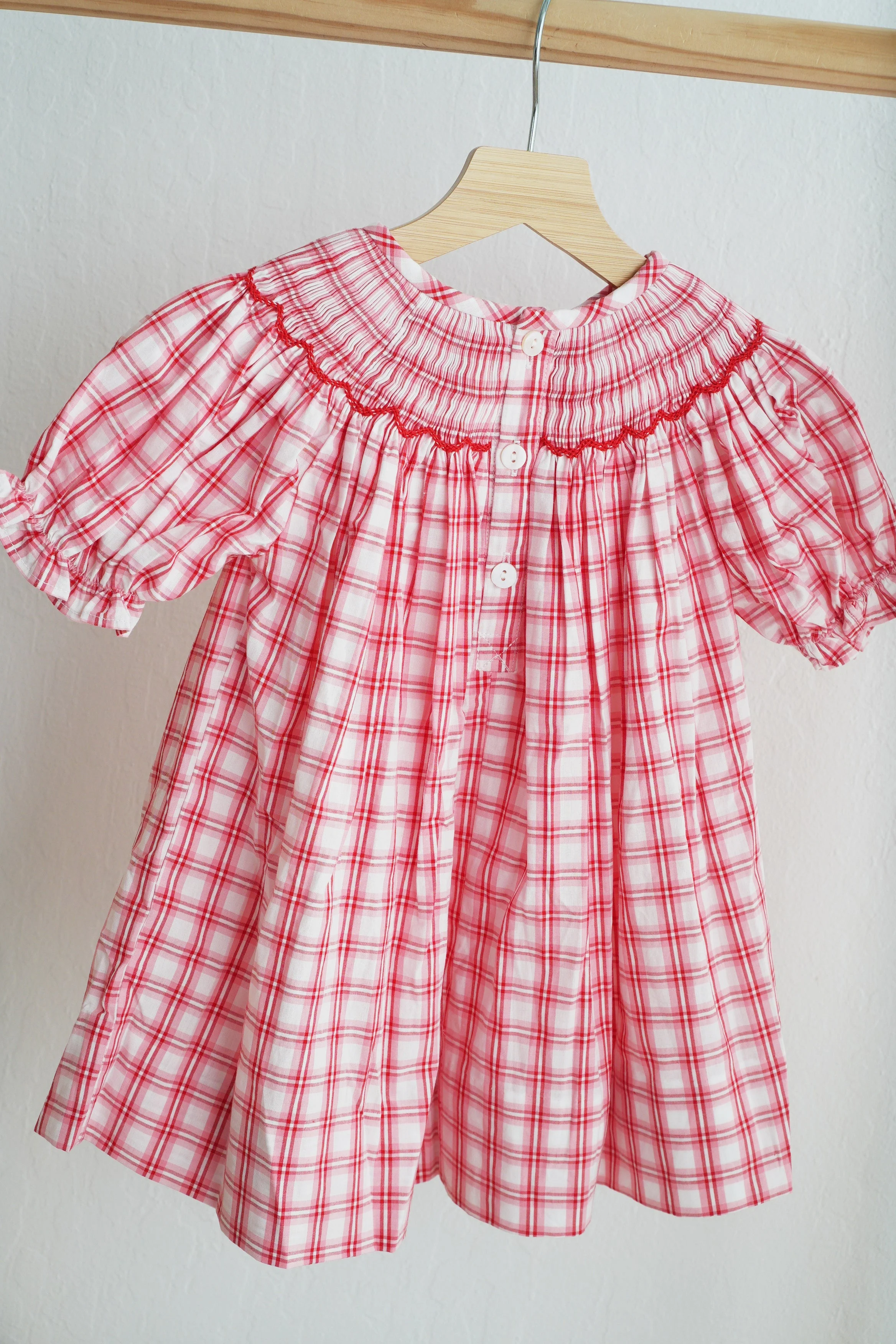 Red christmas santa claus hand smocked plaid dress - Image 3