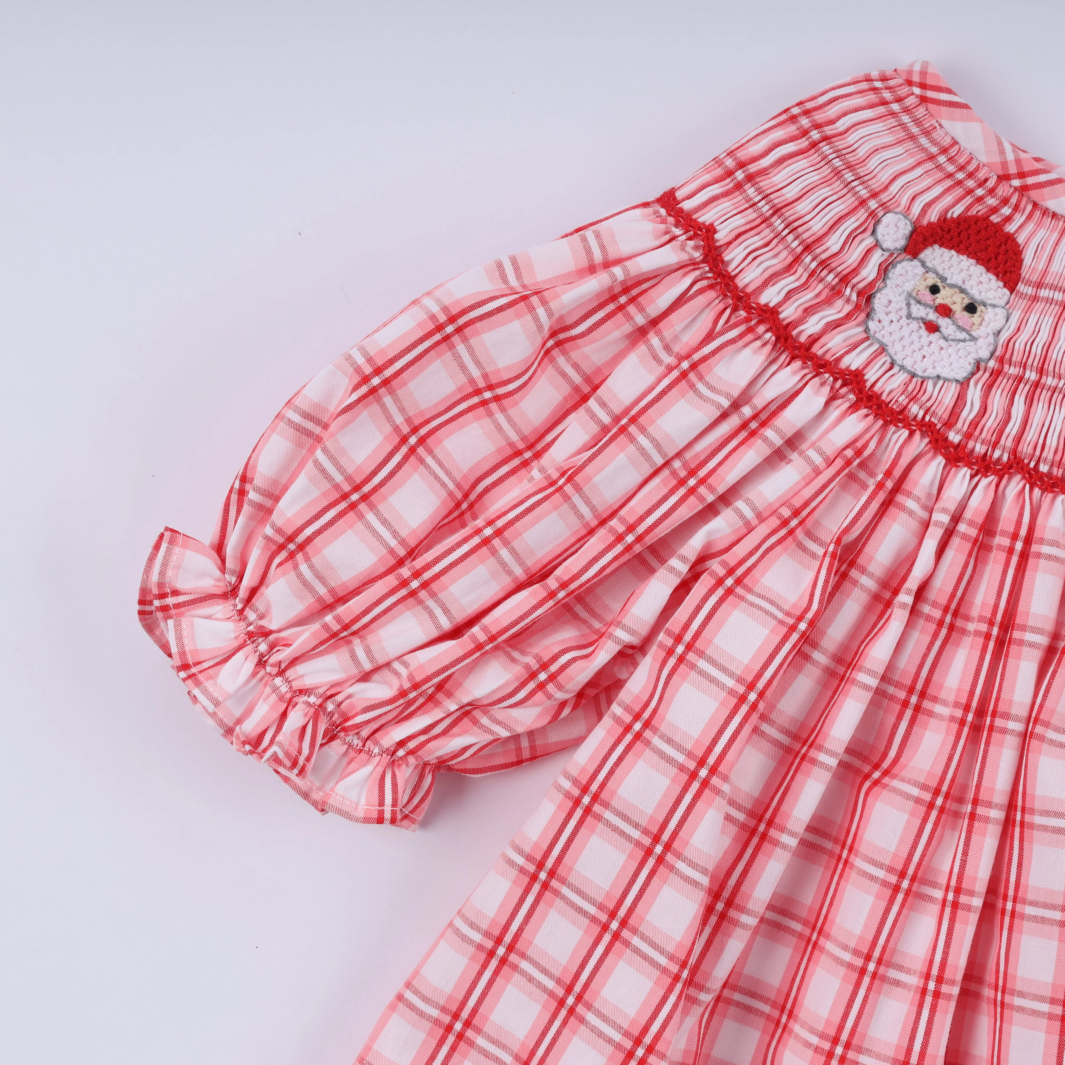 Red christmas santa claus hand smocked plaid ruffle pants set - Image 3