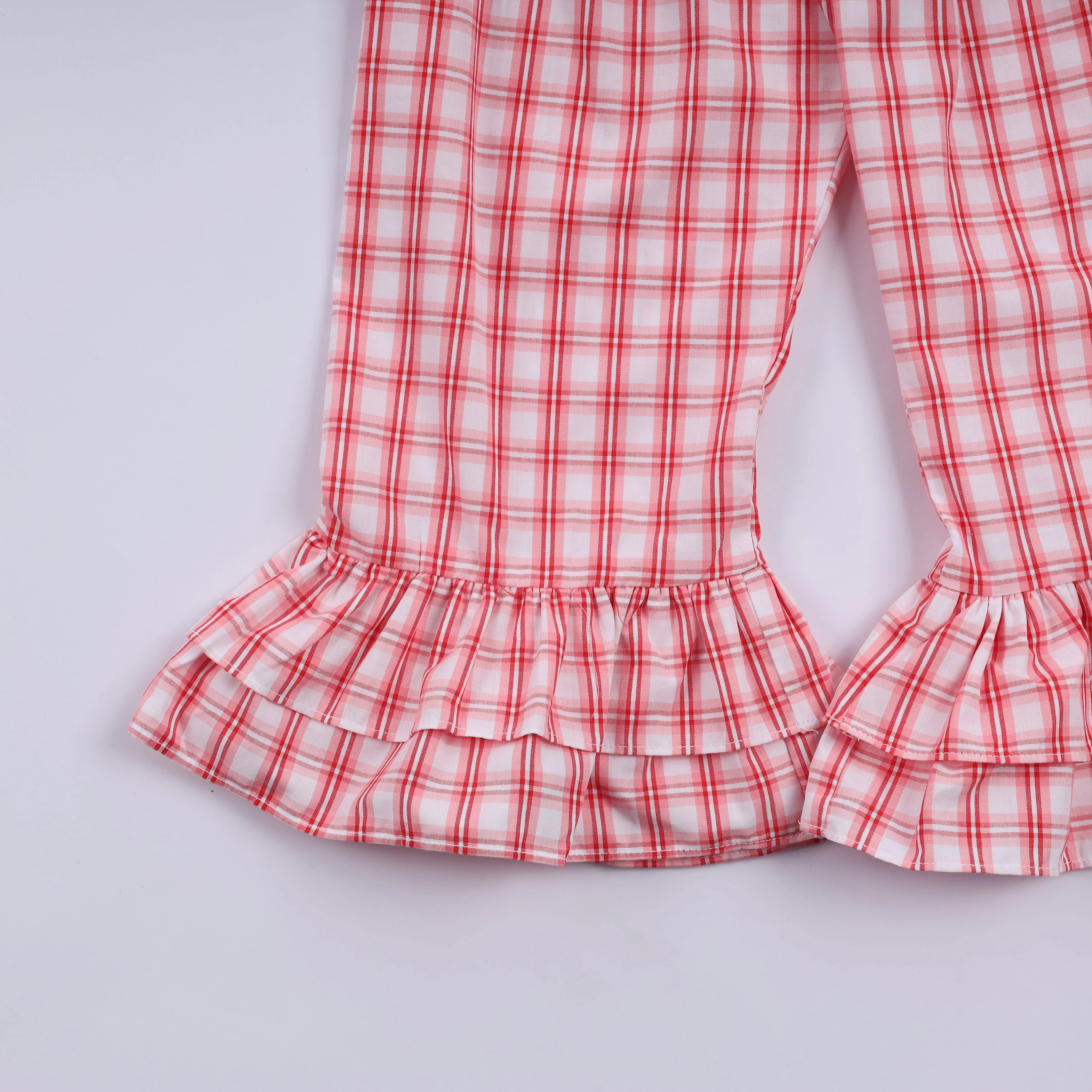 Red christmas santa claus hand smocked plaid ruffle pants set - Image 6
