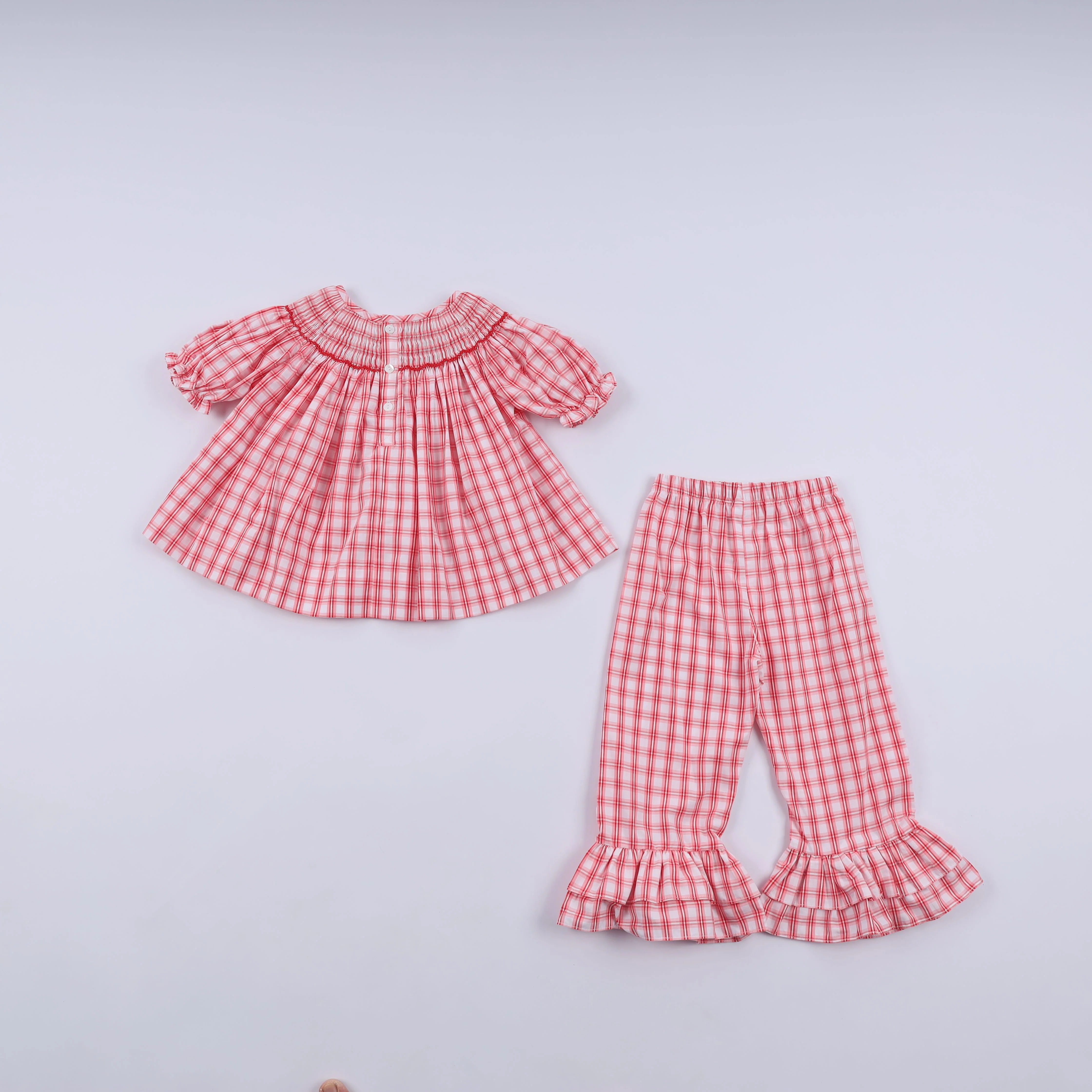 Red christmas santa claus hand smocked plaid ruffle pants set - Image 7