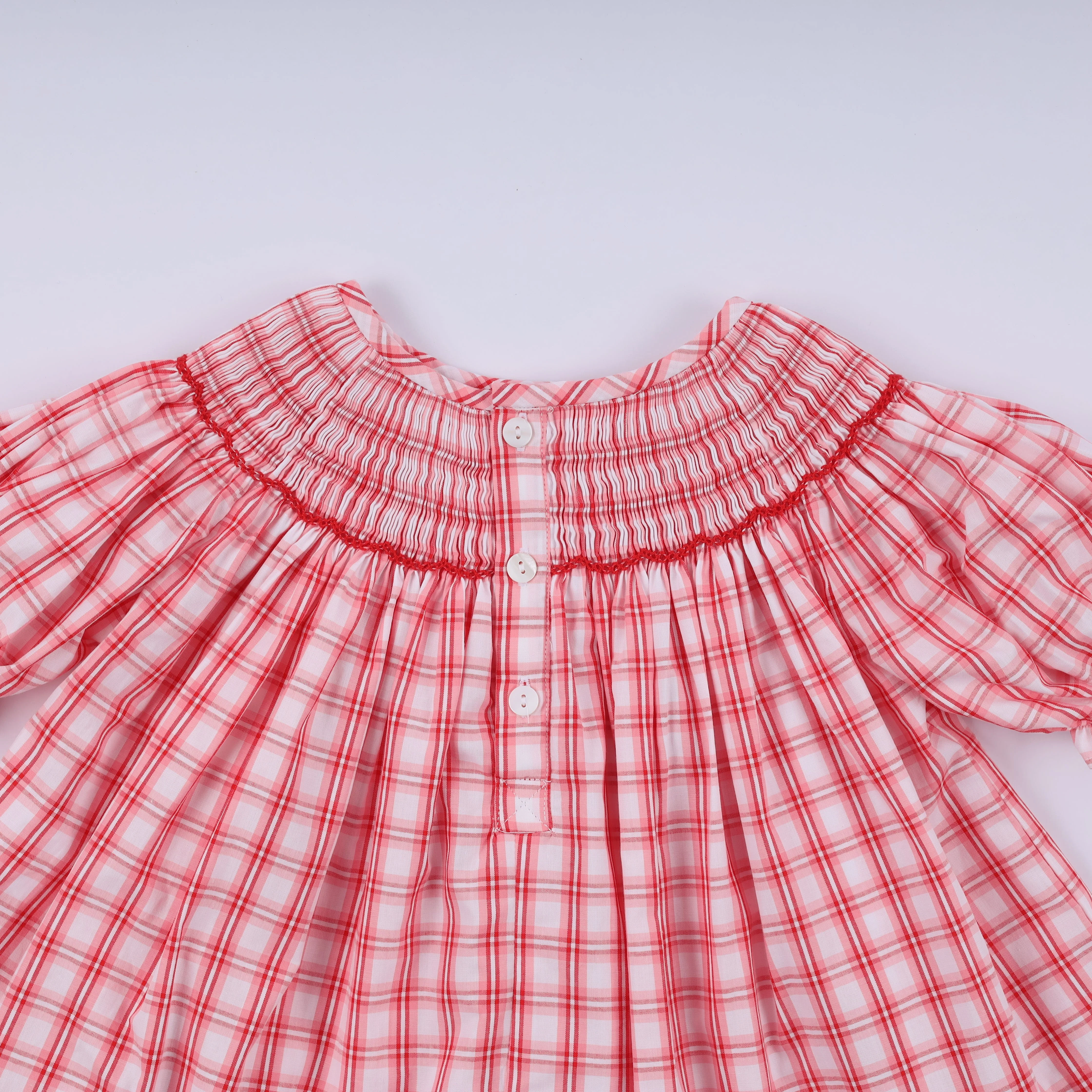 Red christmas santa claus hand smocked plaid ruffle pants set - Image 8