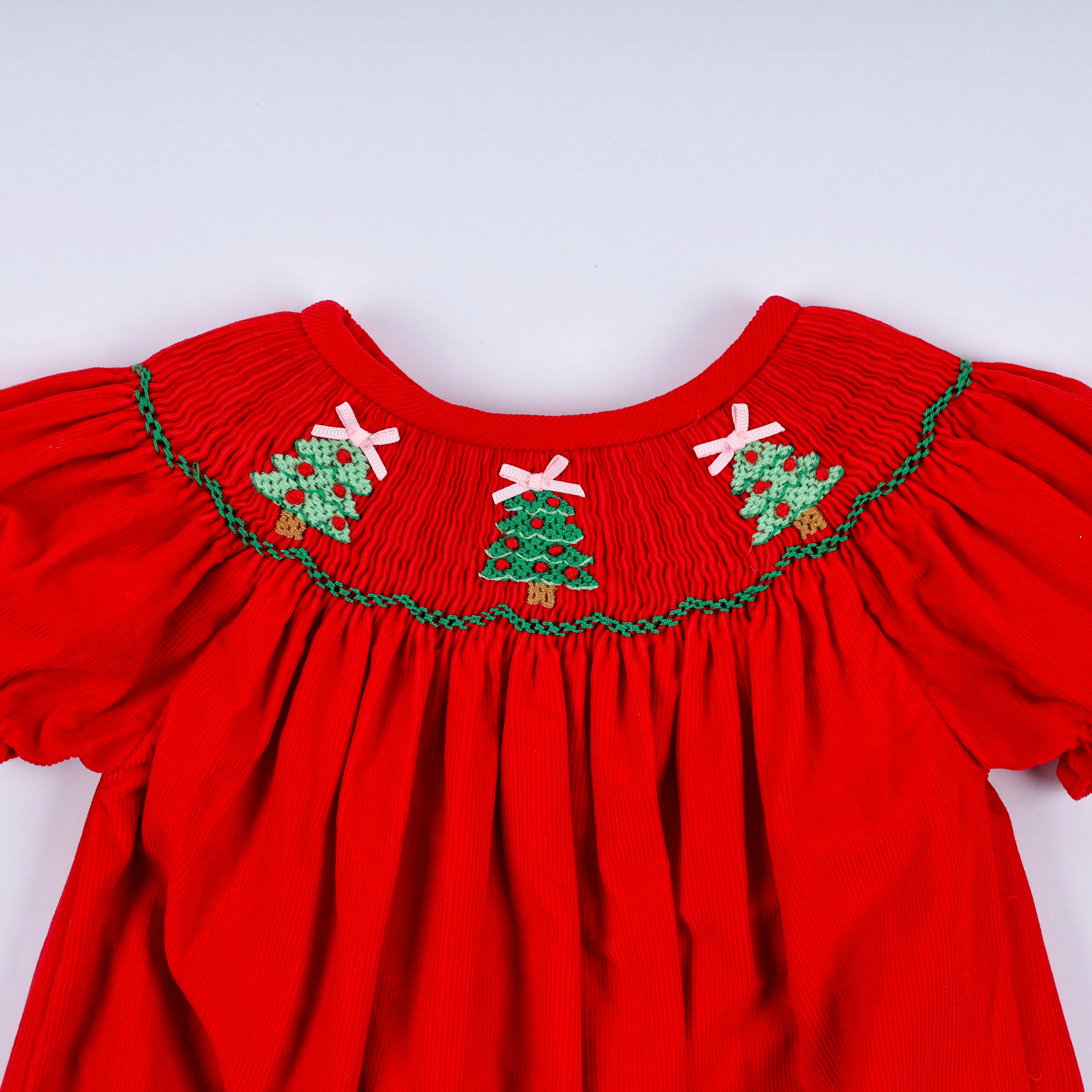 Red christmas tree hand smocked romper - Image 2