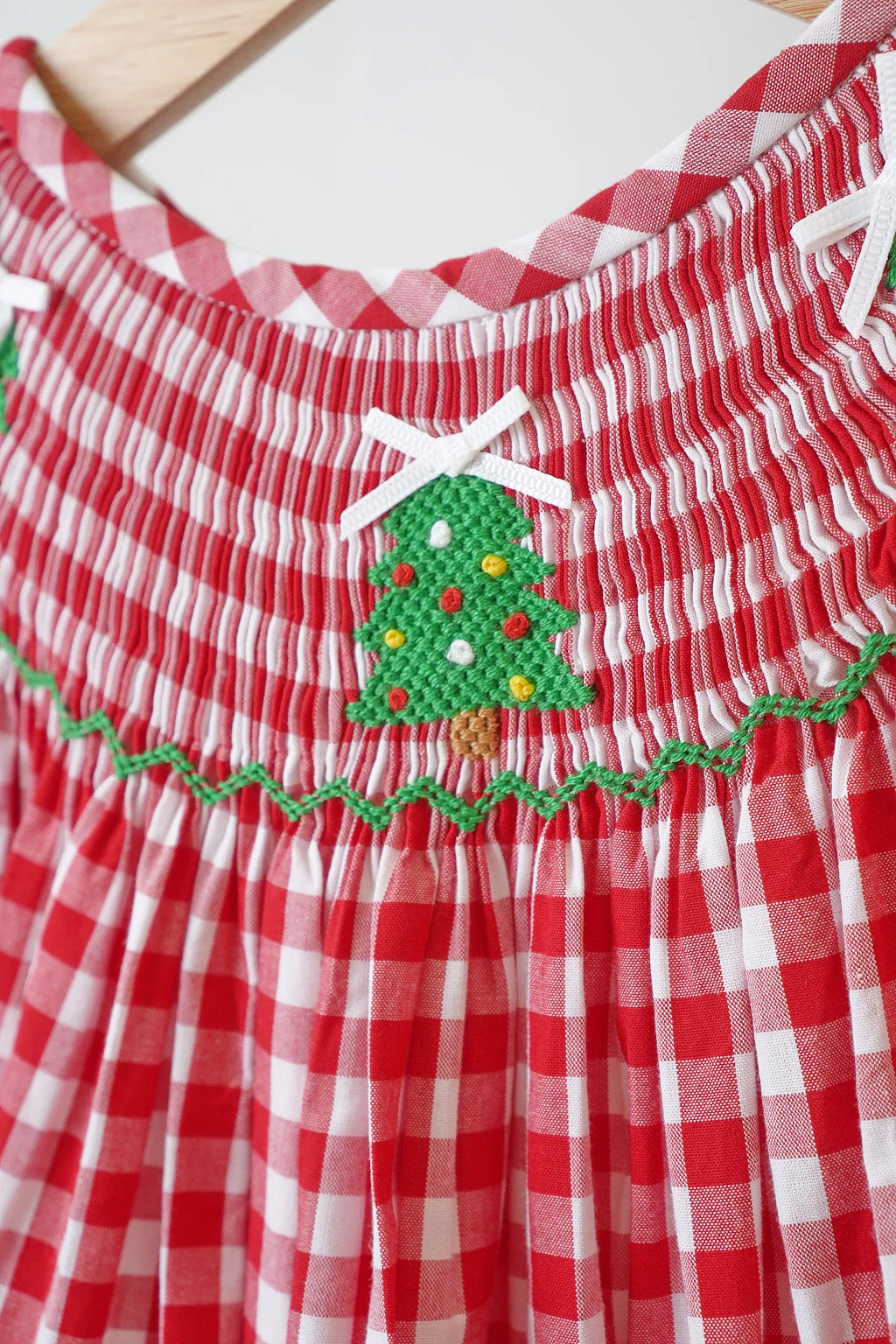 Red christmas tree hand smocked gingham dress - Image 2