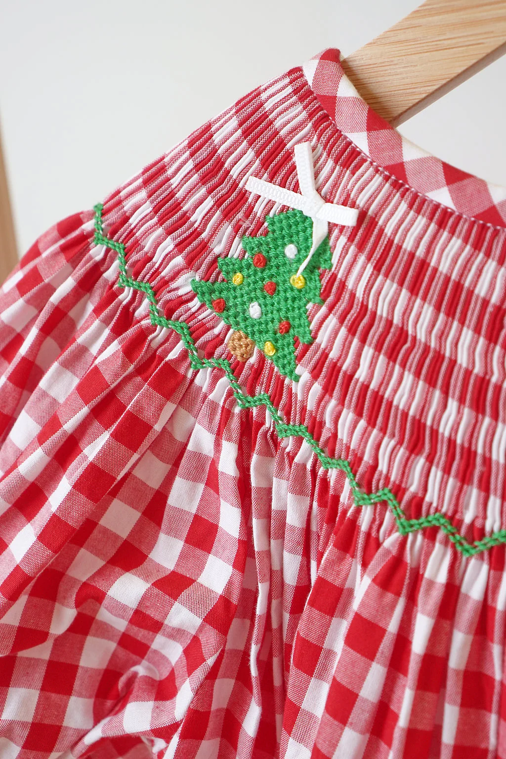 Red christmas tree hand smocked gingham dress - Image 3