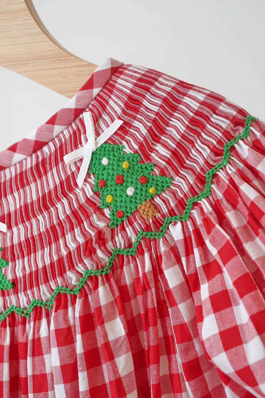 Red christmas tree hand smocked gingham dress - Image 4