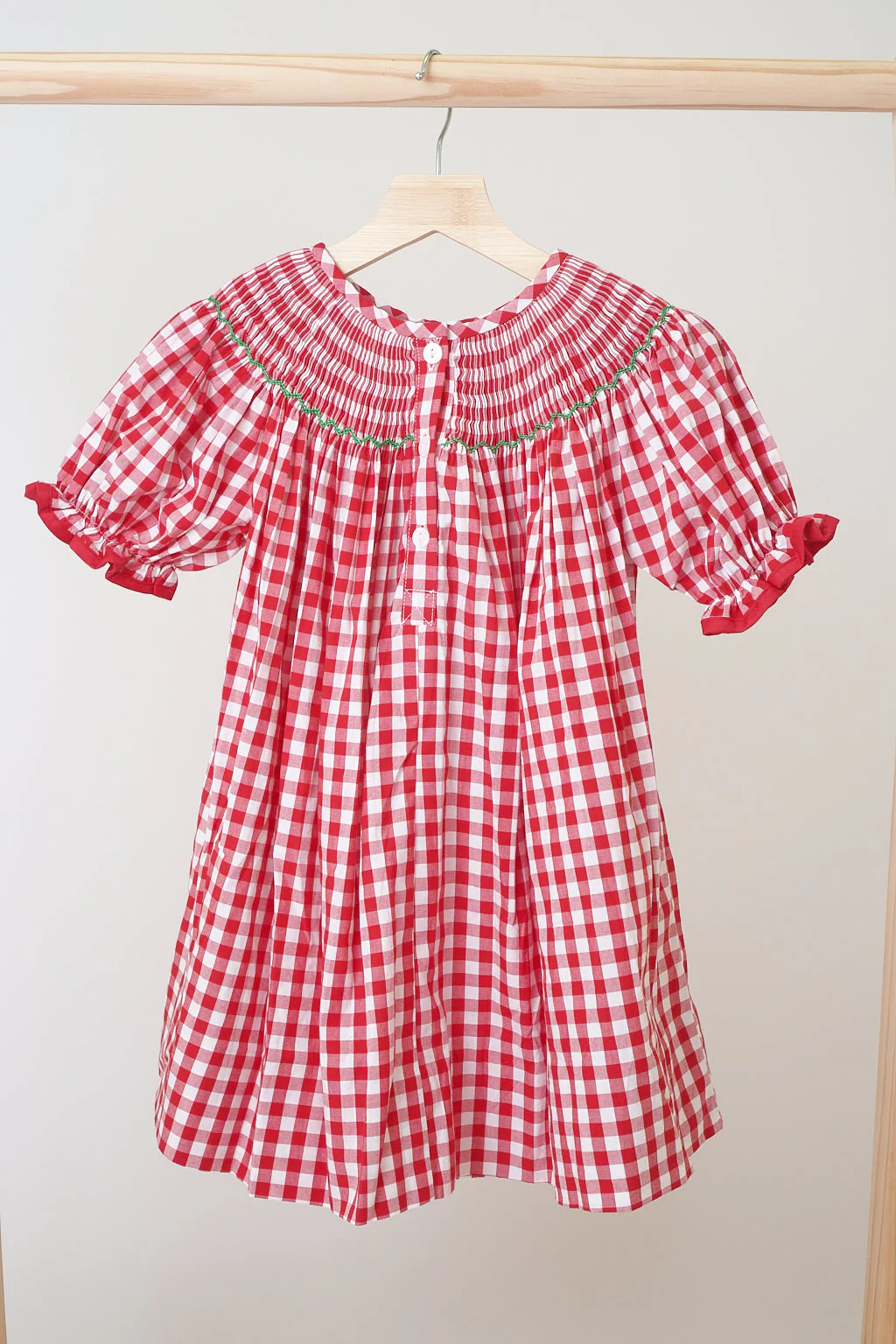 Red christmas tree hand smocked gingham dress - Image 5