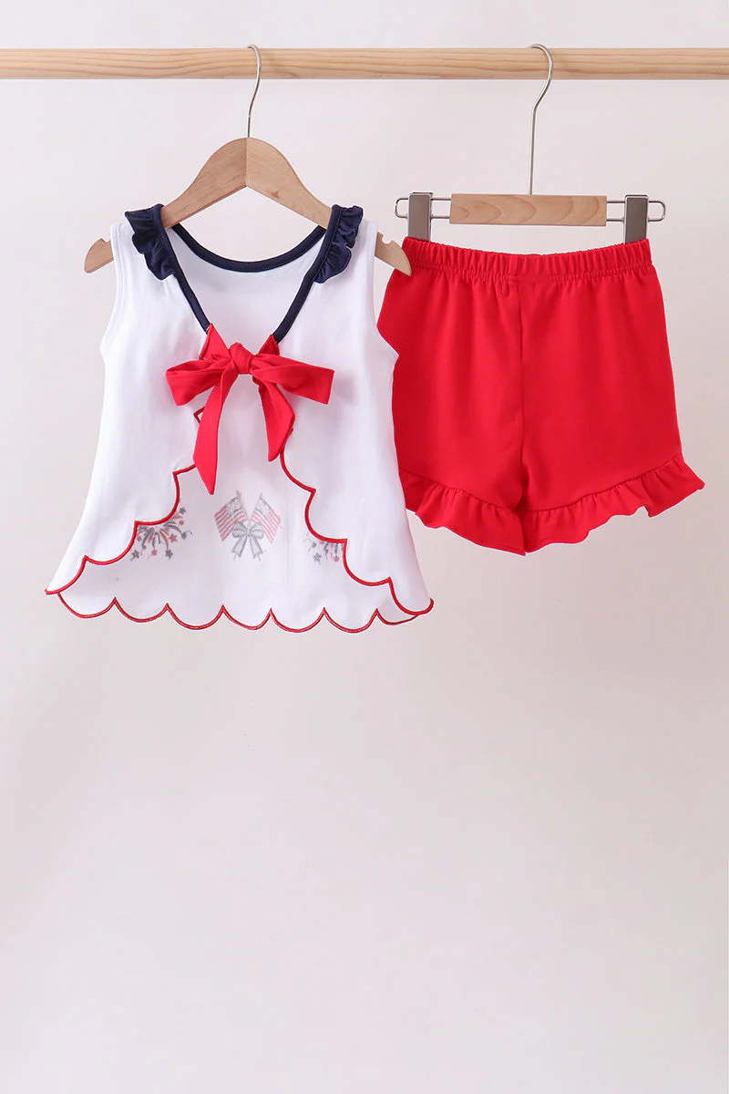 Red flag fireworks embroidery ruffle shorts set - Image 5