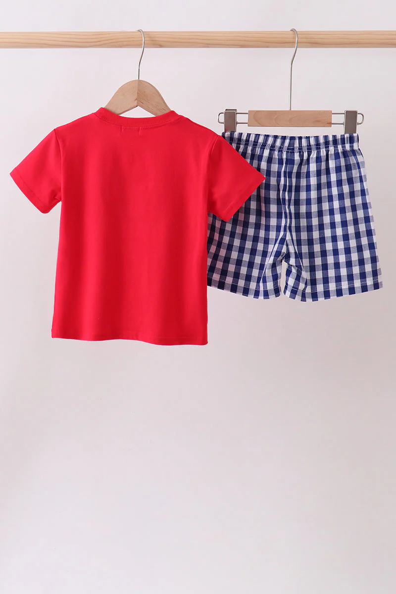 Red flag fireworks embroidery shorts set - Image 2