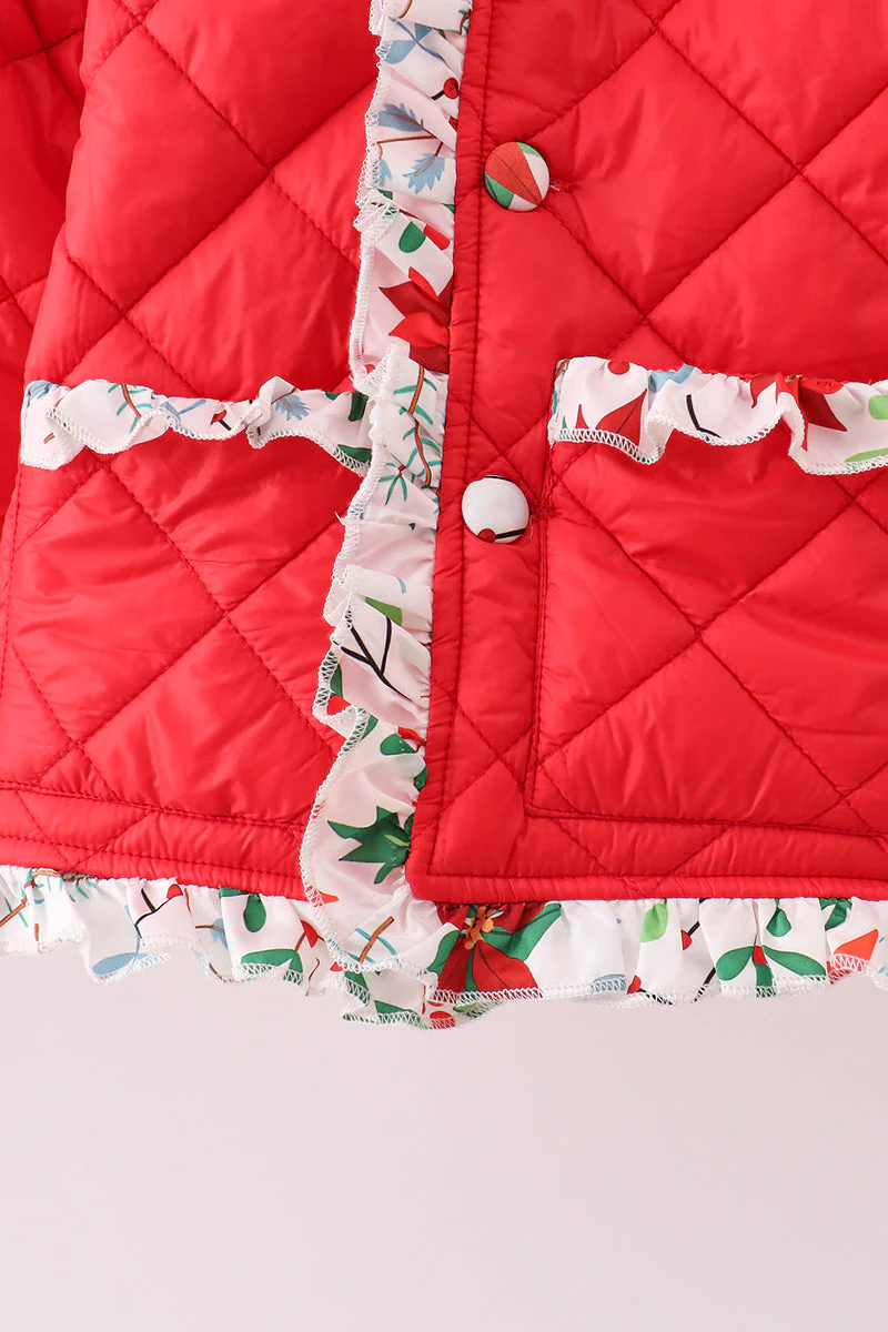 Red floral print ruffle quilted jacket - Image 4