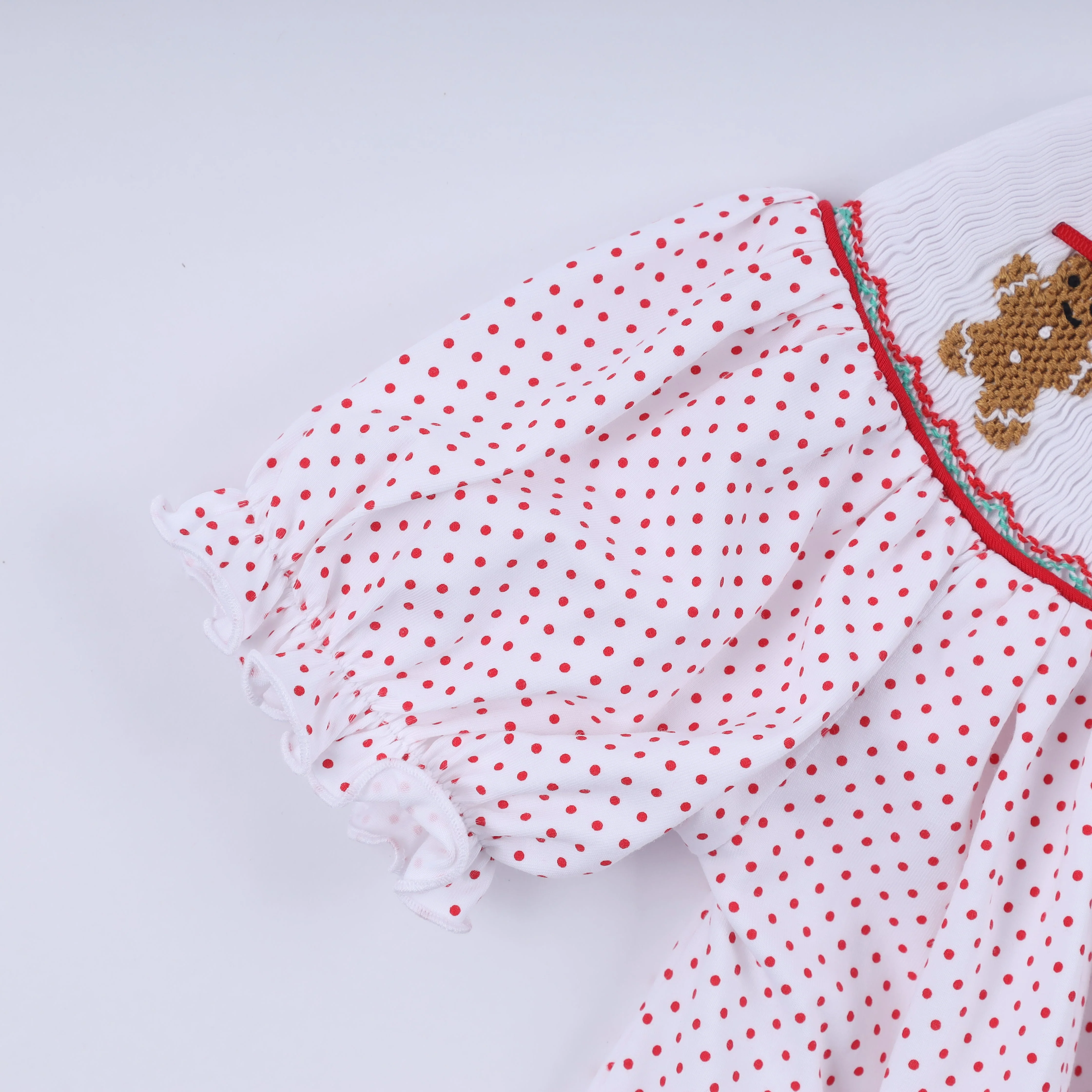 Red gingerbread hand smocked ruffle pants set - Image 3