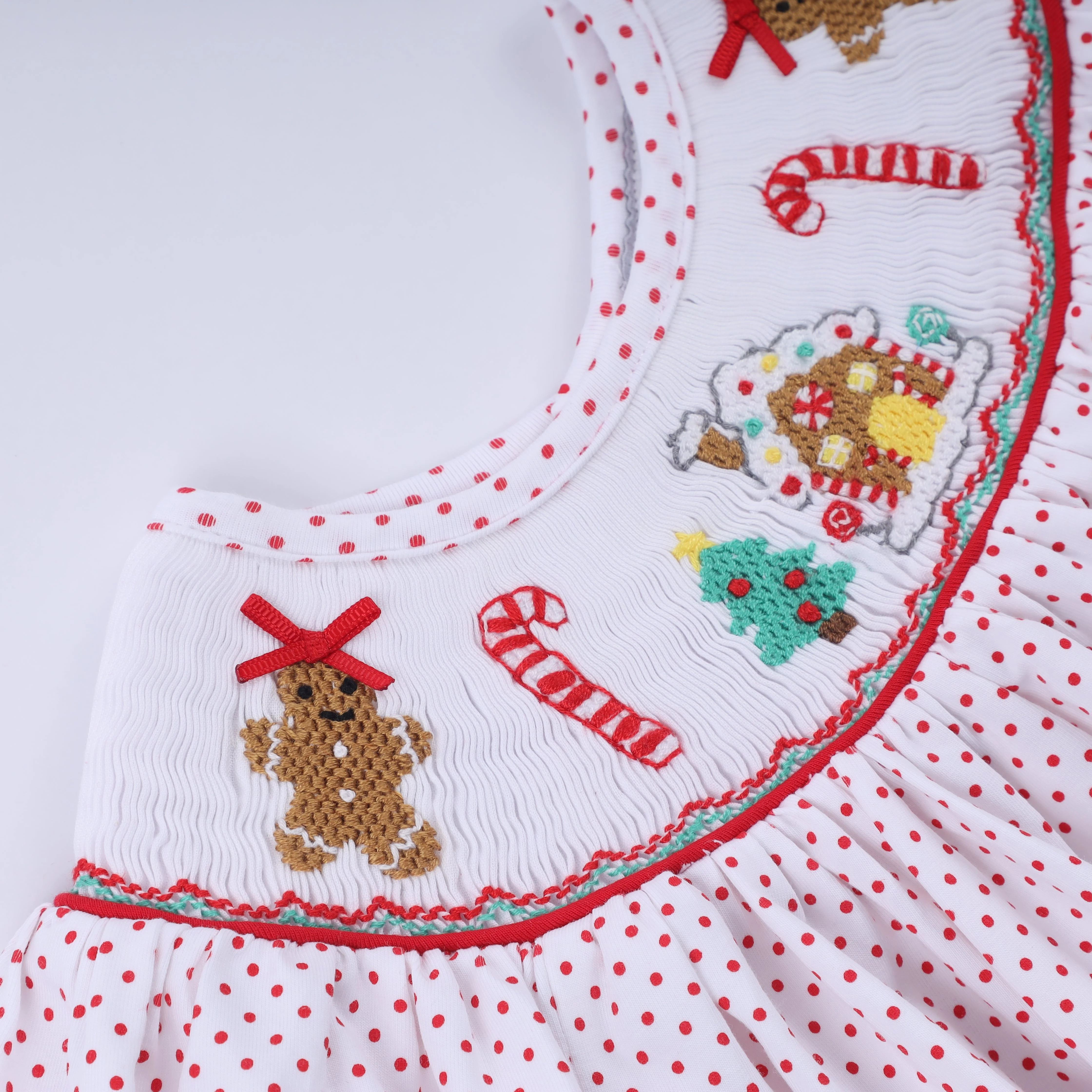 Red gingerbread hand smocked ruffle pants set - Image 4