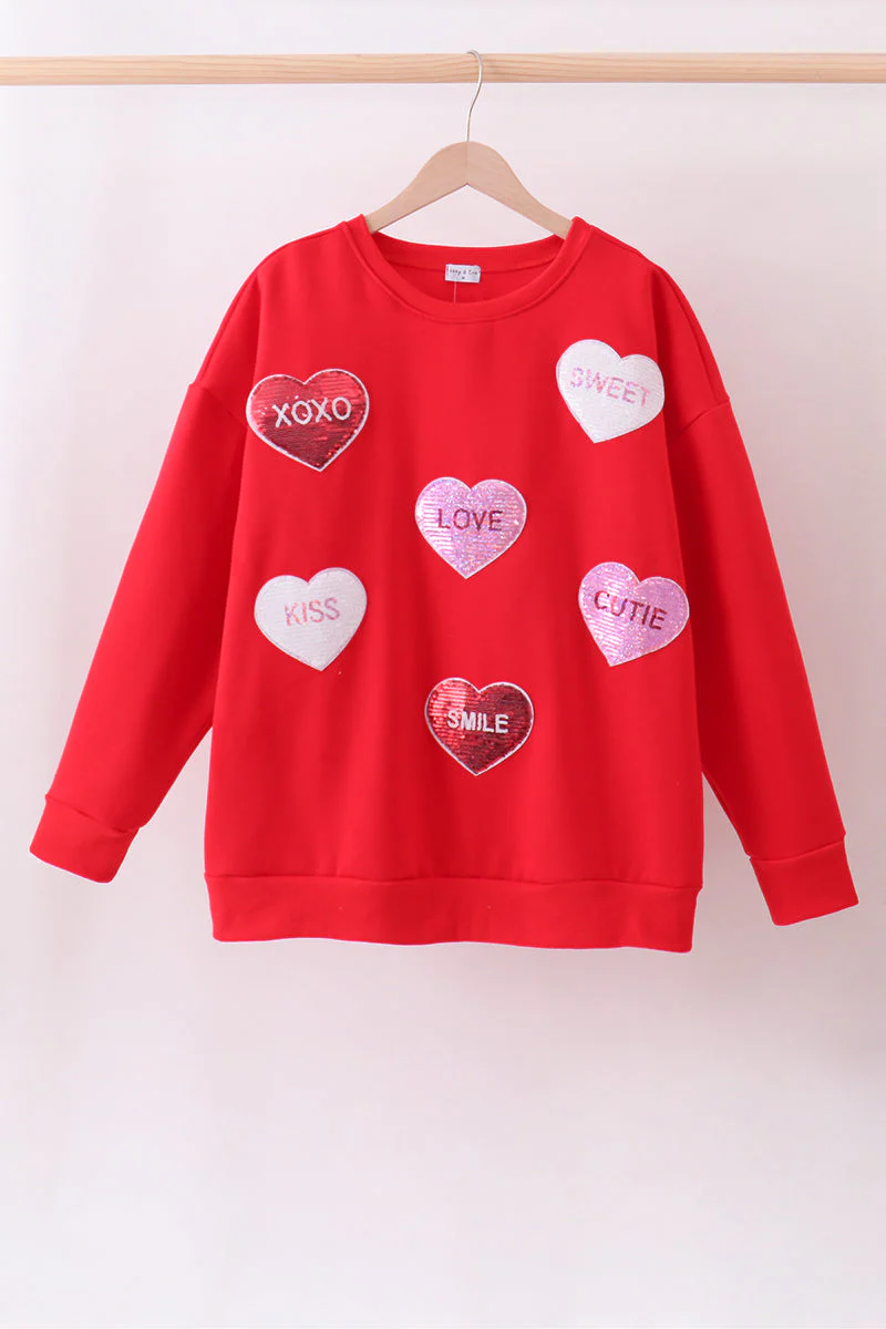 Red heart love smile sequin fleece mom&me sweatshrit - Image 8