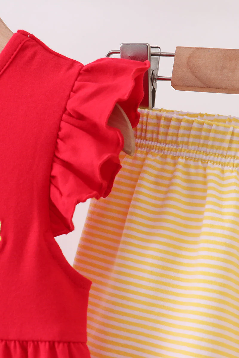 Red School bus Smocked Ruffle Shorts set - Image 2