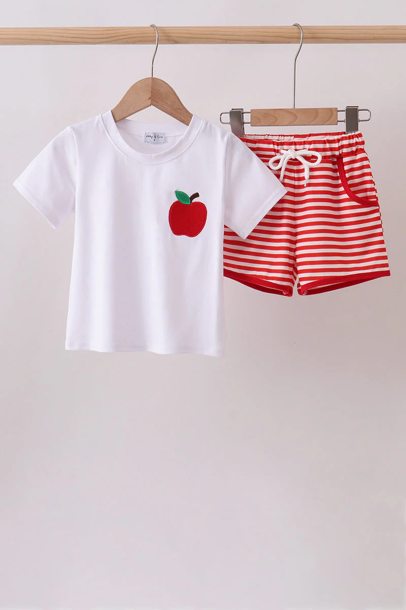 Red Stripe Apple Embroidered Set