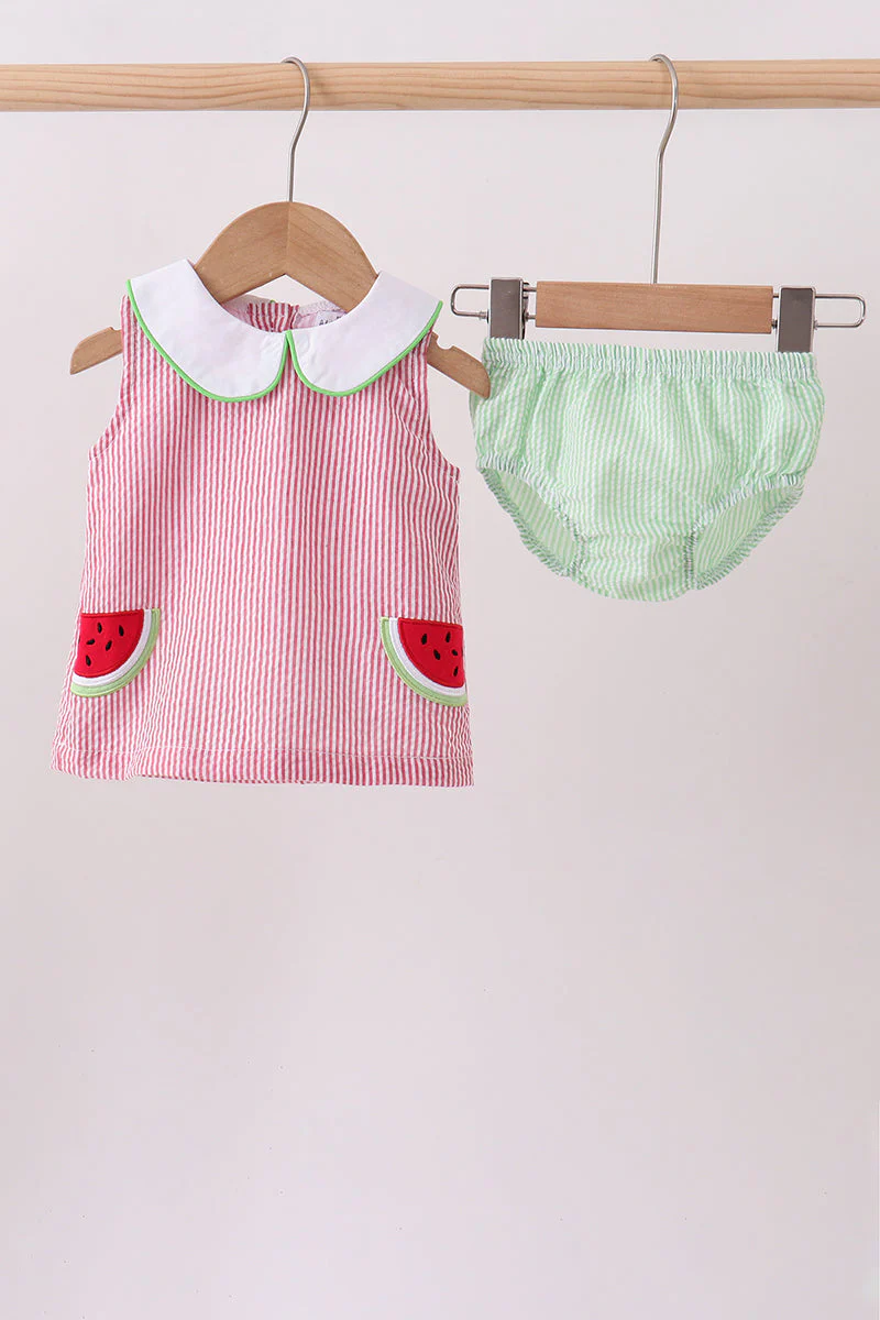 Red stripe watermelon embroidery seersucker bloomer set
