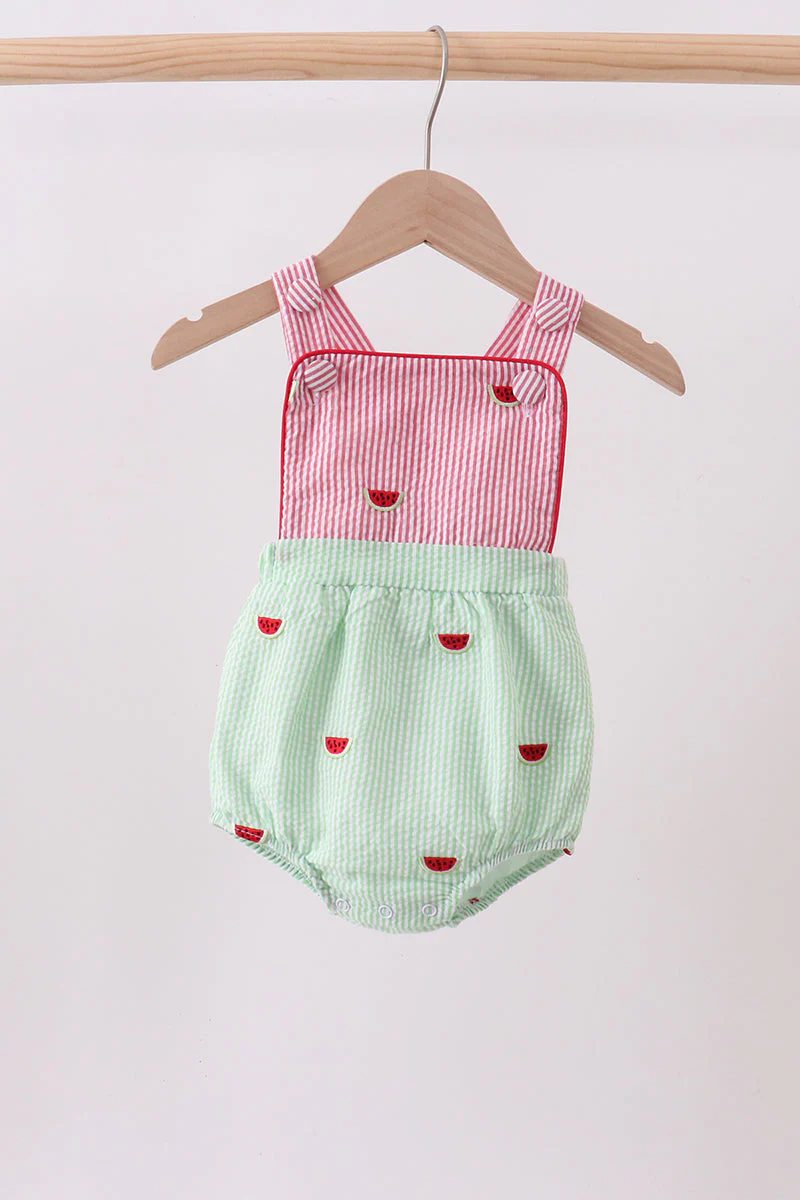 Red stripe watermelon embroidery seersucker bubble
