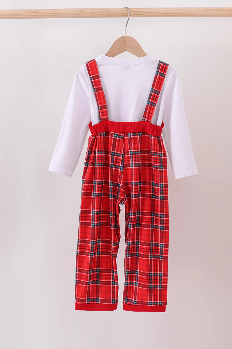 Red tree embroidery plaid jumpsuit set - Image 6