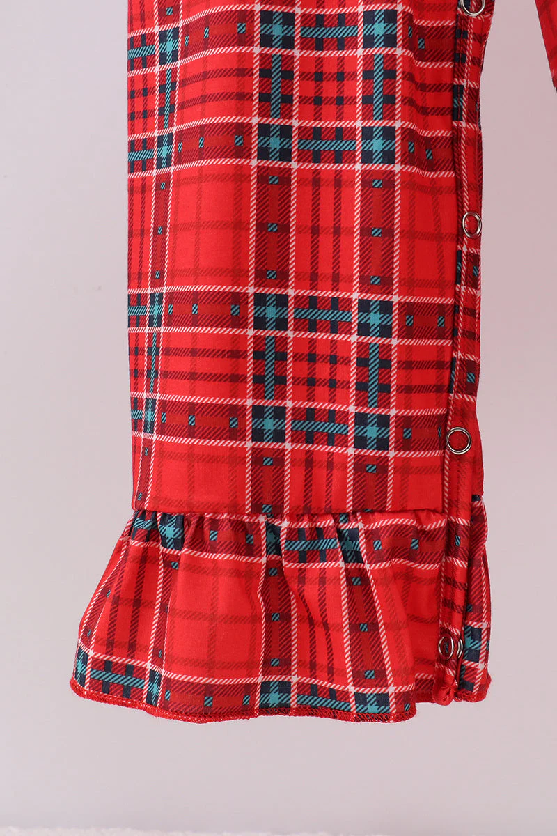 Red tree embroidery plaid ruffle jumpsuit set - Image 4