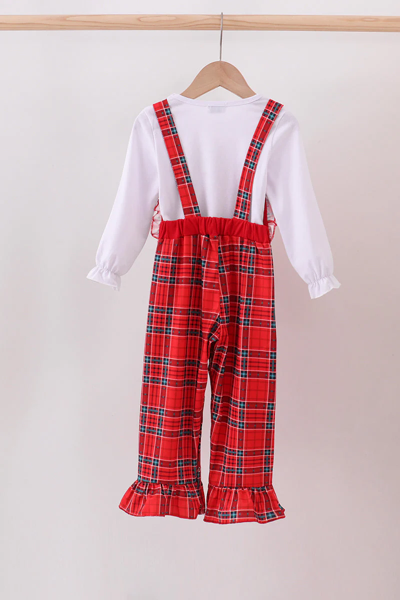 Red tree embroidery plaid ruffle jumpsuit set - Image 5