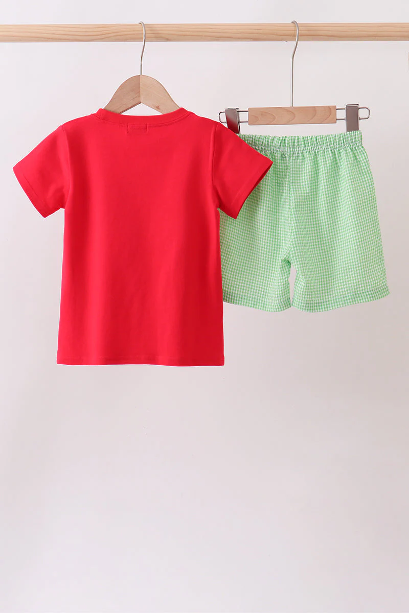 Red watermelon embroidery shorts set - Image 2