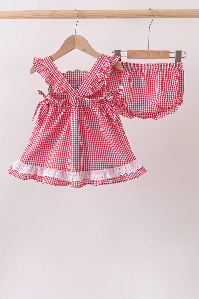 Red watermelon ruffle gingham bloomer set - Image 2