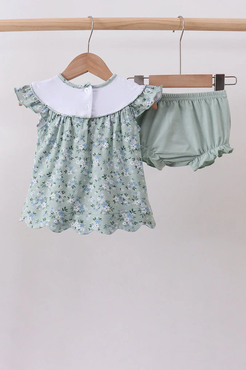 Sage floral cross embroidery ruffle bloomer set - Image 2
