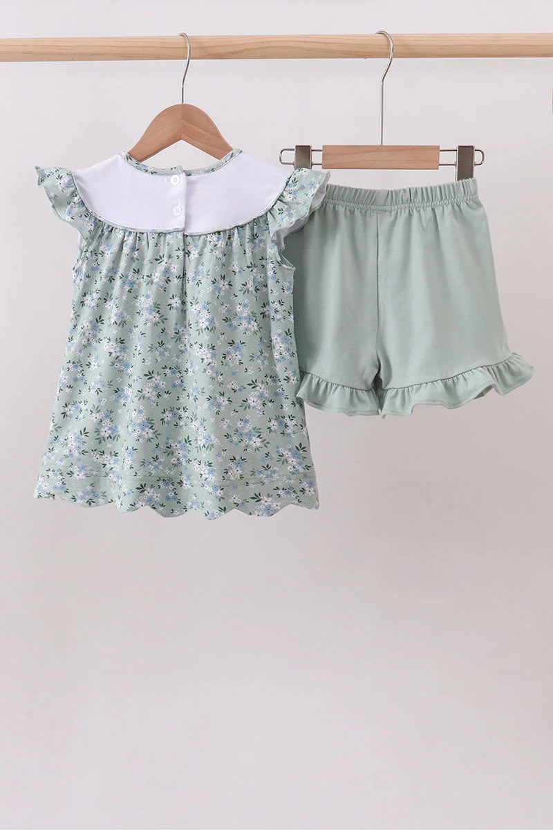 Sage floral cross embroidery ruffle shorts set - Image 4
